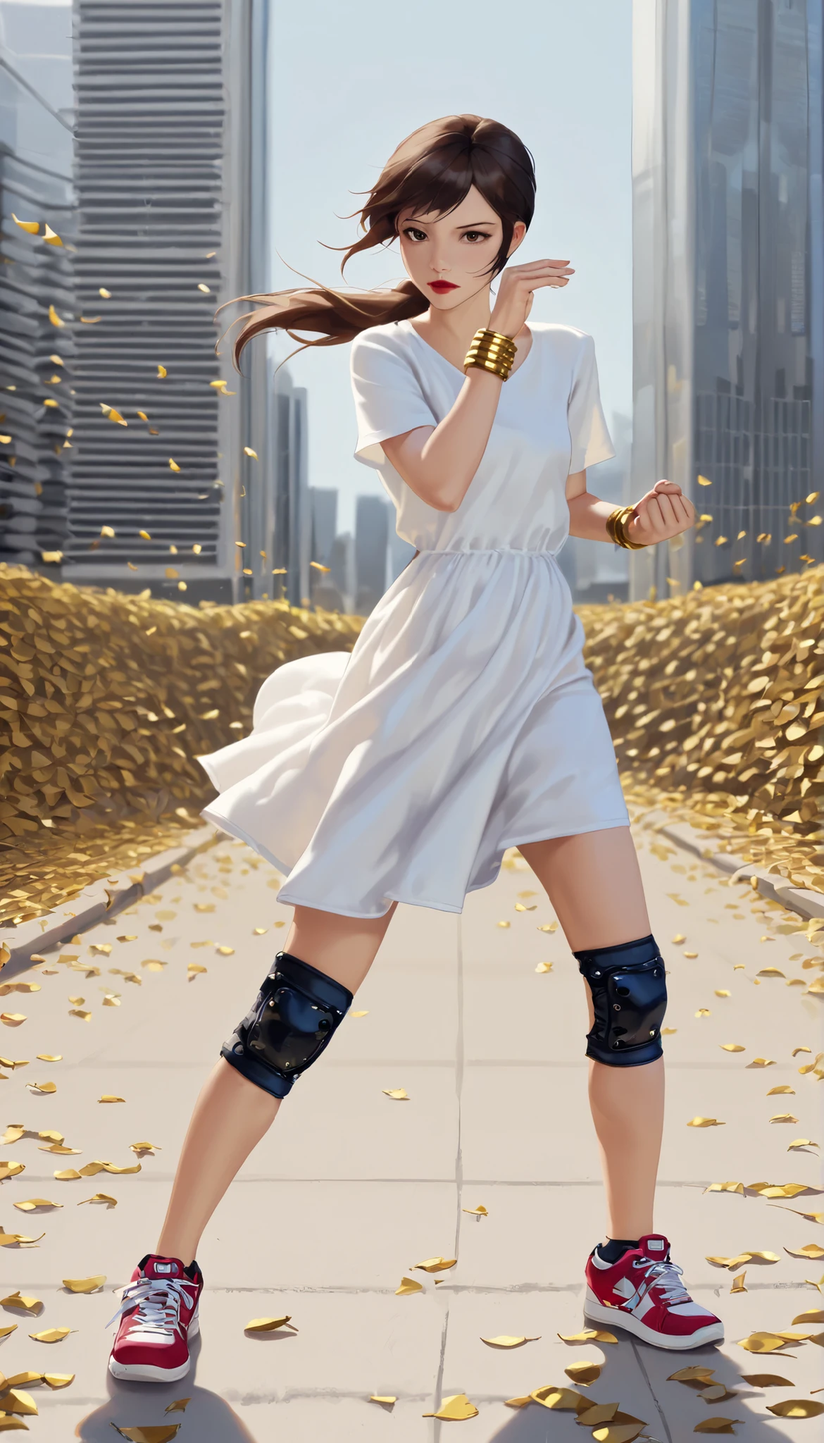 ((RAW Photo), Absurdities, (Absurd Resolution)), ((Hyperrealism, Photorealism)), (Maximum Quality, 16k, Masterpiece, Ultra Detailed) (beautiful girl, 21 years old), (sharp pupil, brown eye), (brown hair, ponytail, gold tube clips), (made-up, red lips), (outfit: sundress, white t-shirt, thigh pads, wristbands, sneakers), (fighting stance, kawaii style, wind, fallen leaves), (background: glass skyscraper), volumetric lighting, (Photographic Perspective). «SunPuma S»