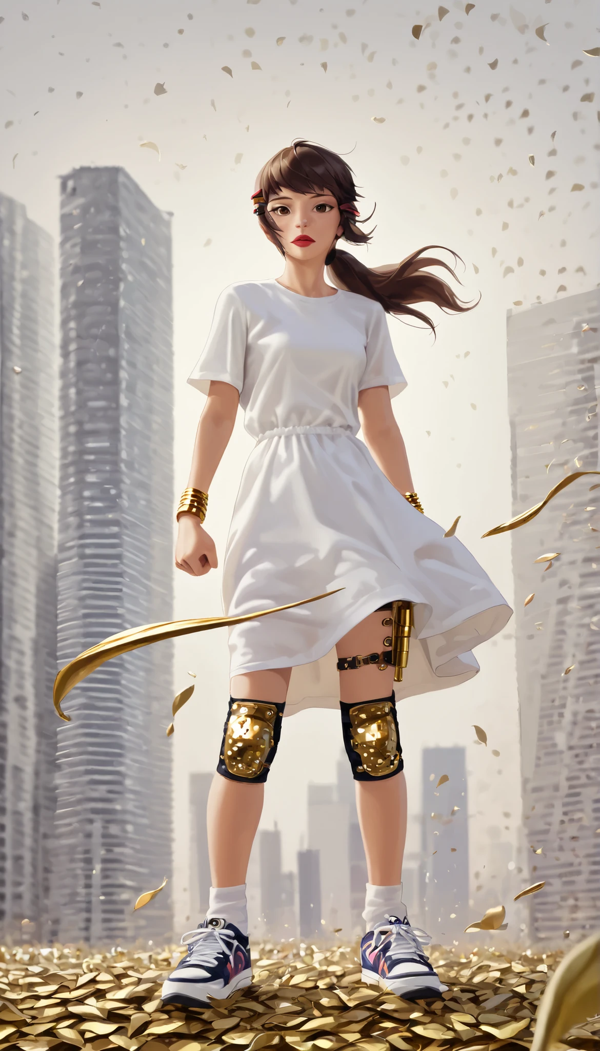 ((RAW Photo), Absurdities, (Absurd Resolution)), ((Hyperrealism, Photorealism)), (Maximum Quality, 16k, Masterpiece, Ultra Detailed) (beautiful girl, 21 years old), (sharp pupil, brown eye), (brown hair, ponytail, gold tube clips), (made-up, red lips), (outfit: sundress, white t-shirt, thigh pads, wristbands, sneakers), (fighting stance, kawaii style, wind, fallen leaves), (background: glass skyscraper), volumetric lighting, (Photographic Perspective). «SunPuma S»