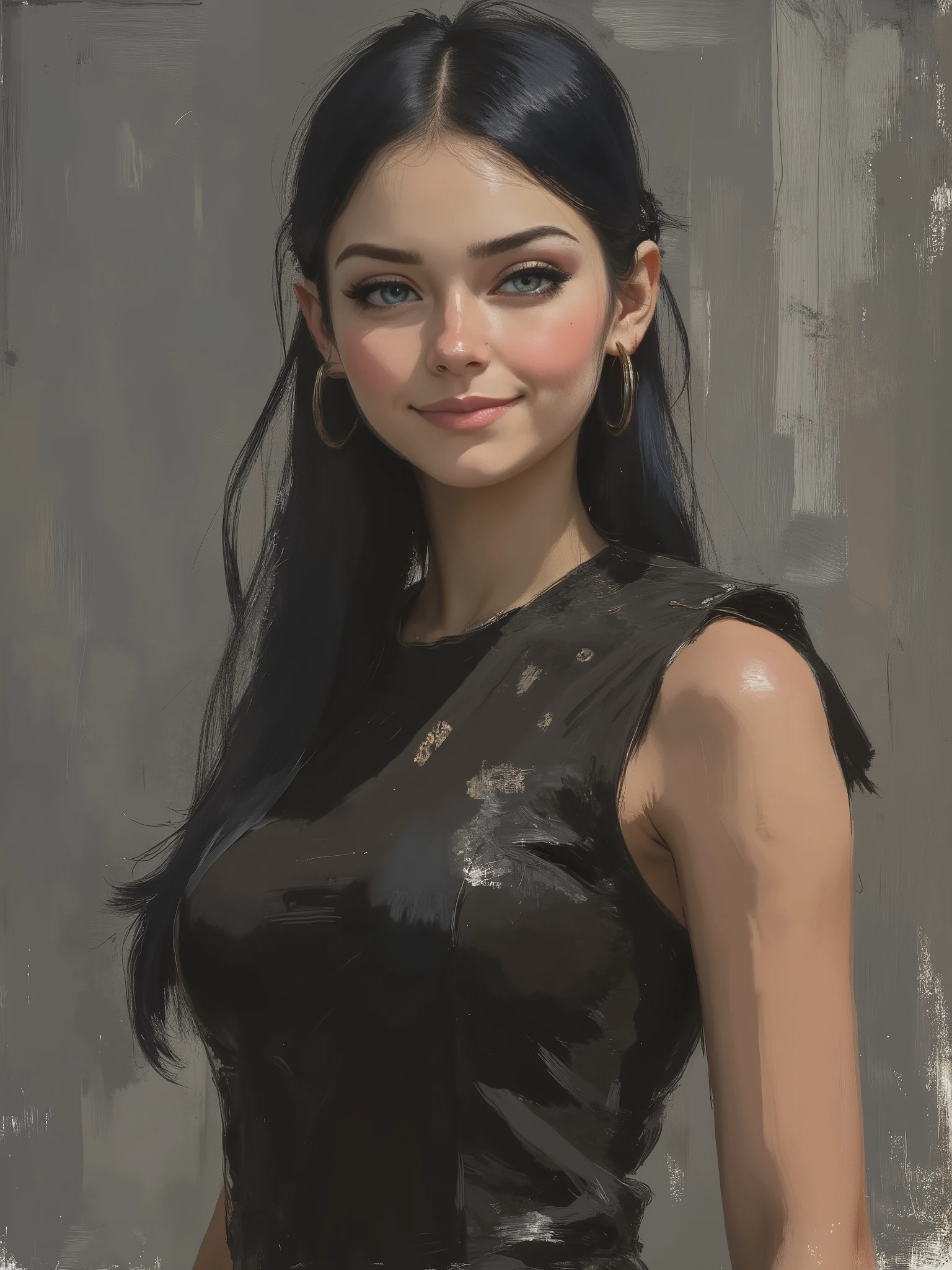 sketch painting, marinette Dopanchan, mankafactor style, A very beautiful and cute 22 year old woman with a slight smile. (((Shy smile))), sharp focus on the face, (((Western eyes:1.5))), (((Extremely detailed ice-blue eyes, beautiful eyes, beautifully detailed eyes))), (((delicately detailed thin pink lips))), (((long hair, shiny hair))), (((black medieval steampunk style sleeveless t-shirt))), (((Dark Blue medieval steampunk style leather warrior pants))), (((full body view, dynamic pose, standing:1.5, graceful pose))), (((The background is Dark Gray and painted with expressive, visible textures using dynamic brushstrokes and strokes that add depth and movement. The paint covers only the area just behind the subject. The outer edges of the image with black margins, as if the background had been painted with a brush and with expressive and visible textures using dynamic brushstrokes and strokes fading toward the edges creating a modern and artistic vignette effect))). Cinematic lighting, soft depth of field, (((masterpiece/high resolution/Best Quality/top quality/high quality/UHD/16k quality))), sharp focus, no blur, film grain, bokeh.