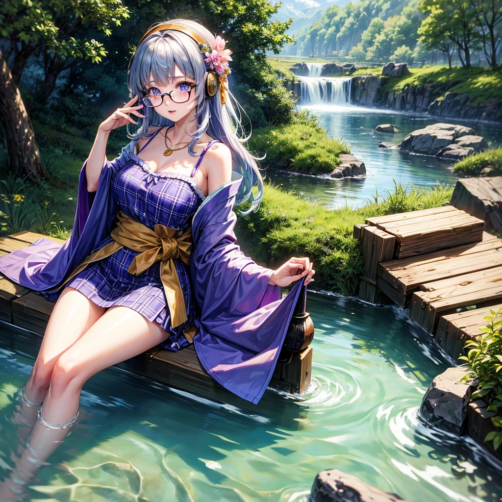 High resolution, best quality, 1girl solo, kamisato_ayaka, sitting, looking from above, looking at audience, smiling, wading, wet hair, evening, poolside, Japanese hot spring masterpiece, best quality, wallpaper