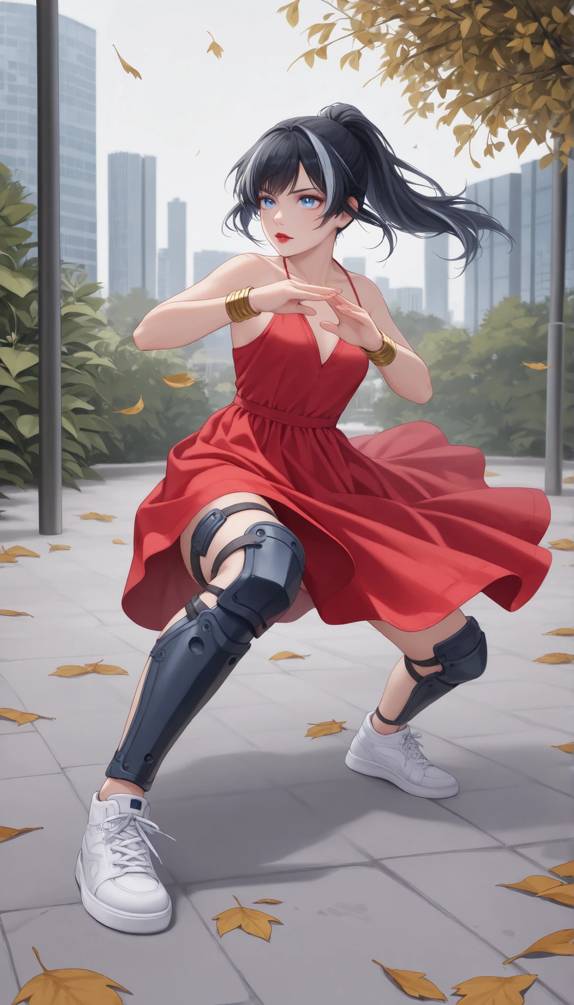 ((RAW Photo), Absurdities, (Absurd Resolution)), ((Hyperrealism, Photorealism)), (Maximum Quality, 16k, Masterpiece, Ultra Detailed) (beautiful girl, 21 years old), (sharp pupil, blue eye), (black hair, highlights, ponytail, gold tube clips), (made-up, red lips), (outfit: white sundress, thigh guards, wristbands, sneakers), (combat stance, kawaii style, wind, fallen leaves), (background: glass skyscraper, garden), volumetric lighting, (Photographic Perspective). «SunPuma S»