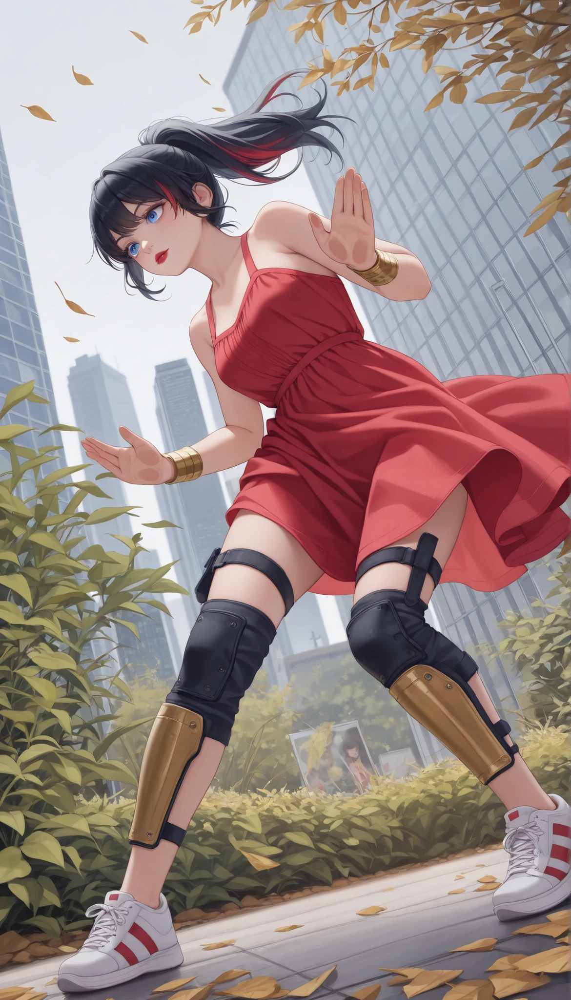 ((RAW Photo), Absurdities, (Absurd Resolution)), ((Hyperrealism, Photorealism)), (Maximum Quality, 16k, Masterpiece, Ultra Detailed) (beautiful girl, 21 years old), (sharp pupil, blue eye), (black hair, highlights, ponytail, gold tube clips), (made-up, red lips), (outfit: white sundress, thigh guards, wristbands, sneakers), (combat stance, kawaii style, wind, fallen leaves), (background: glass skyscraper, garden), volumetric lighting, (Photographic Perspective). «SunPuma S»