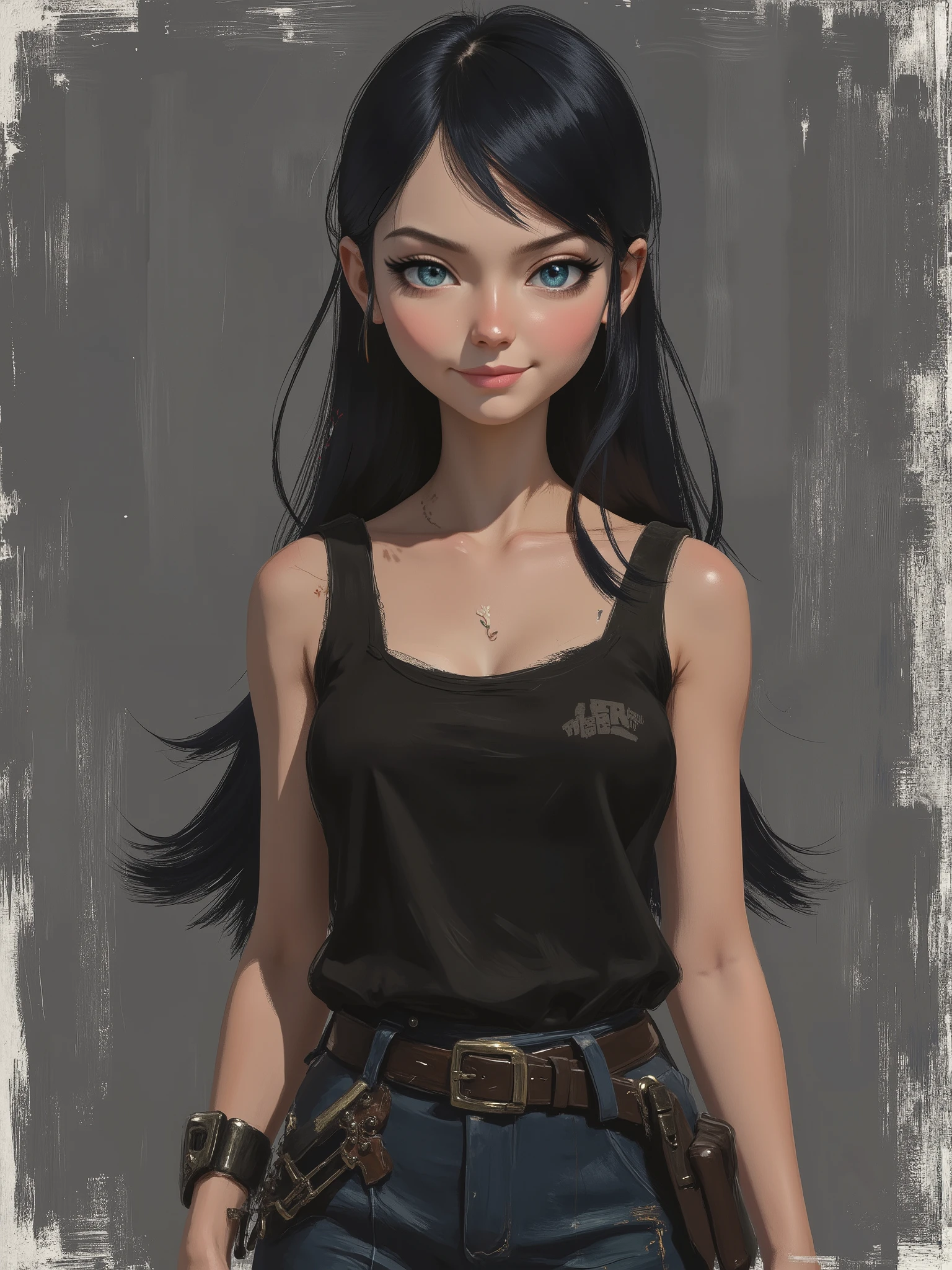 sketch painting, marinette Dopanchan, mankafactor style, A very beautiful and cute 22 year old woman with a slight smile. (((Shy smile))), sharp focus on the face, (((Western eyes:1.5))), (((Extremely detailed ice-blue eyes, beautiful eyes, beautifully detailed eyes))), (((delicately detailed thin pink lips))), (((long hair, shiny hair))), (((black medieval steampunk style sleeveless t-shirt))), (((Dark Blue medieval steampunk style leather warrior pants))), (((full body view, dynamic pose, standing:1.5, graceful pose))), (((The background is Dark Gray and painted with expressive, visible textures using dynamic brushstrokes and strokes that add depth and movement. The paint covers only the area just behind the subject. The outer edges of the image with black margins, as if the background had been painted with a brush and with expressive and visible textures using dynamic brushstrokes and strokes fading toward the edges creating a modern and artistic vignette effect))). Cinematic lighting, soft depth of field, (((masterpiece/high resolution/Best Quality/top quality/high quality/UHD/16k quality))), sharp focus, no blur, film grain, bokeh.