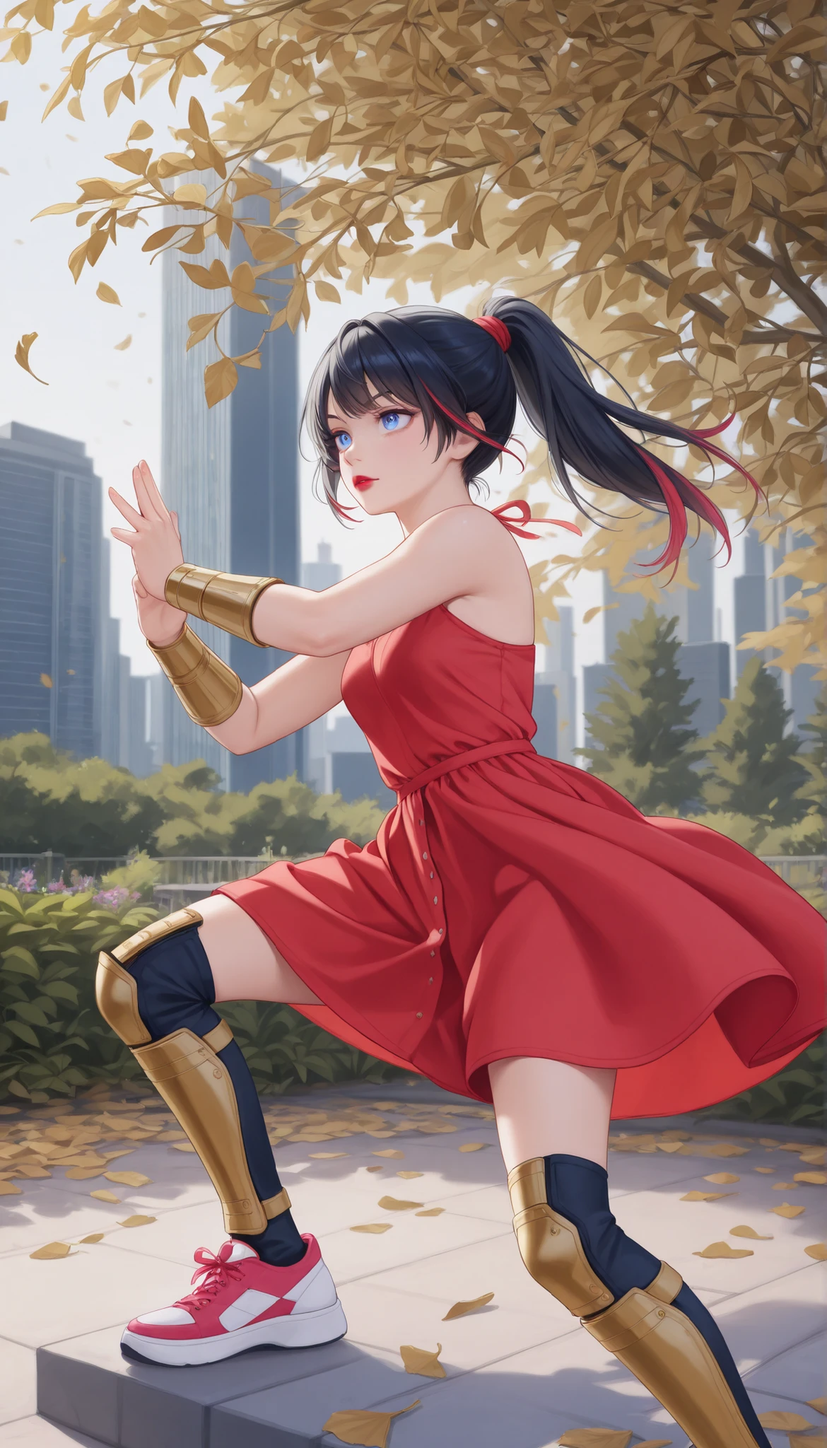 ((RAW Photo), Absurdities, (Absurd Resolution)), ((Hyperrealism, Photorealism)), (Maximum Quality, 16k, Masterpiece, Ultra Detailed) (beautiful girl, 21 years old), (sharp pupil, blue eye), (black hair, highlights, ponytail, gold tube clips), (made-up, red lips), (outfit: white sundress, thigh guards, wristbands, sneakers), (combat stance, kawaii style, wind, fallen leaves), (background: glass skyscraper, garden), volumetric lighting, (Photographic Perspective). «SunPuma S»