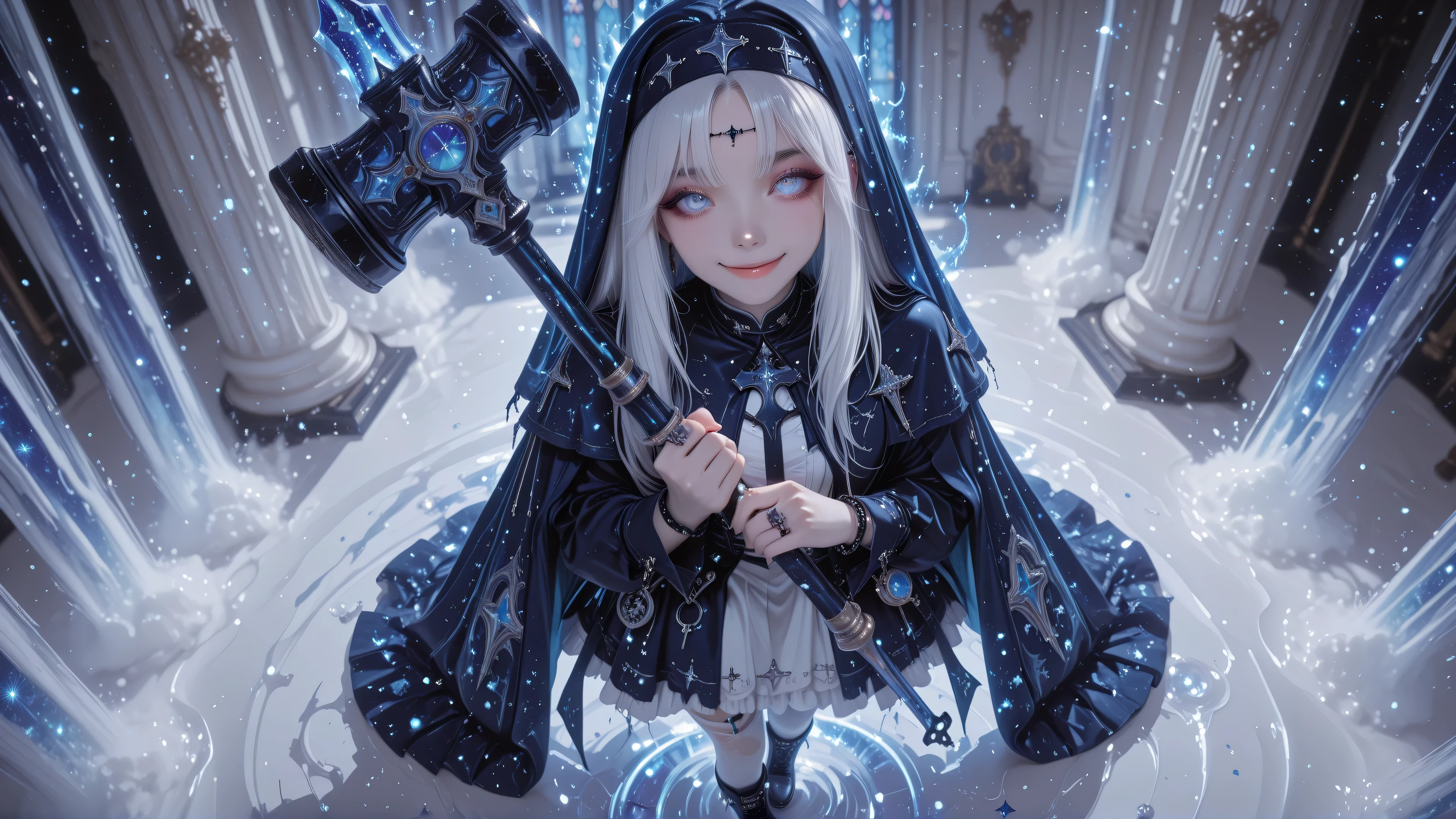 ((Details)), Perfect Eyes, Excellent Photography, (8K Ultra HD), (Masterpiece), (Extremely Detailed), (Best Illustration), Lighting, Detailed Brightness, (Accurate Body Anatomy), (Detailed Hands). (Five Fingers on Each Hand, Detailed 8K HD),

Description: Mahou Shoujo, Magical Girl, 1 Girl, Cosmic Gothic Cathedral.

Key Visual Elements for the Illustration:
• Color Palette: Blue and white, Marble White, White and Glitch Effect Shadows.

• V-shaped headband on the forehead with a gem.

• Unleashed sacred magic power.

• Holds a huge hammer.

General Characteristics:

• Height: Medium, average and beautiful body, medium chest, round face, pretty.

• Age: 18 years old, adolescent body.

• Skin: White.

• Hair: Very long, flowing white hair, like a waterfall of liquid light.

• Large, beautiful eyes: Blue.

Glittery Anti-Idol Magical Girl Outfit
• Main dress: White, inspired by a nun's habit
• White combat boots.

• Traditional blue veil transformed into a stylized headdress
• Two-tone blue and white thigh-high stockings
• Punk chains
• Cape: Small, torn white cape.

Accessories
• Pierced ears.

• Punk bracelets.

• Lip and eyebrow piercings

Aura and Presence
• Giving a concert.

• Imposing.

• Stage presence: Yandere face, obsessive gaze, and smile. Looking directly at the viewer
• Top view
• Top angle