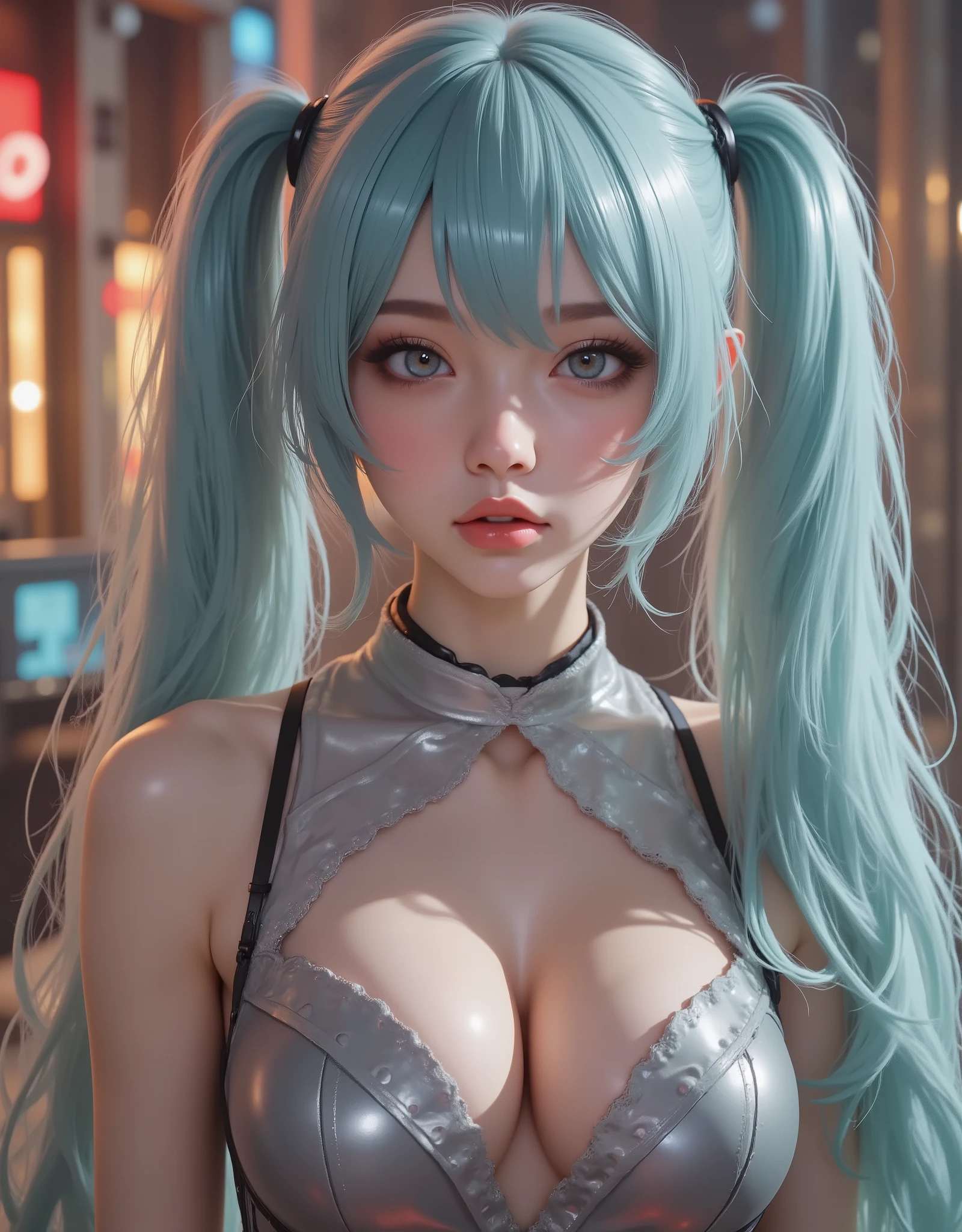 close up (hyperrealistic) The ((Hatsune Miku)),rostro hermoso,hair ((verThe esmeralda)),((very long twin pigtails)),eyes granThes,eyes ((verThe esmeralda ultraThetallados)),Thetalles finos en el rostro,pestañas largas y Thefinidas,textura realista The piel,subtle sparkles on pale skin like porcelain,emphasized bust,Perfect Anatomy Suit,Sleeveless silver shirt,hombros Thescubiertos,mangas The campana negras,corbata The cuello verThe esmeralda,short black pleated skirt,Thigh-length black tights,(RAW photo),(photorealistic),(hyperrealistic),(masterpiece),(High Quality),(Thefinición 8K),(ultra Thetallada),(resolución absoluta),(Thetalles exquisitos),(hdr),realistic style,iridescent effects, surreal background,cinematic lighting,contraste dinámico The luz y sombra