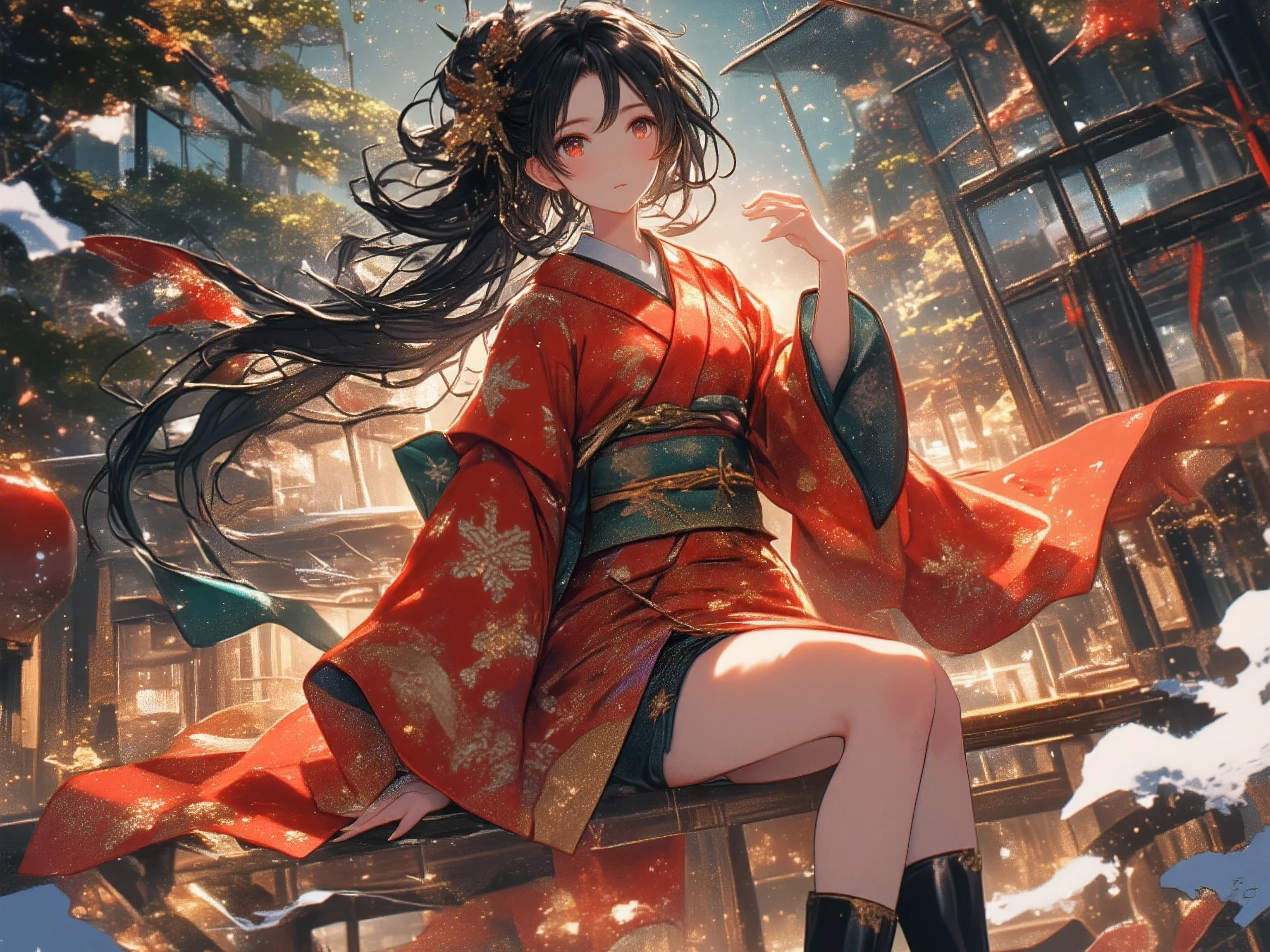 Modern Japanese Style、I have a Christmas colored kimono、boots、long black hair、with a snowflake pattern、High Quality、high image quality、photorealistic、detailed details