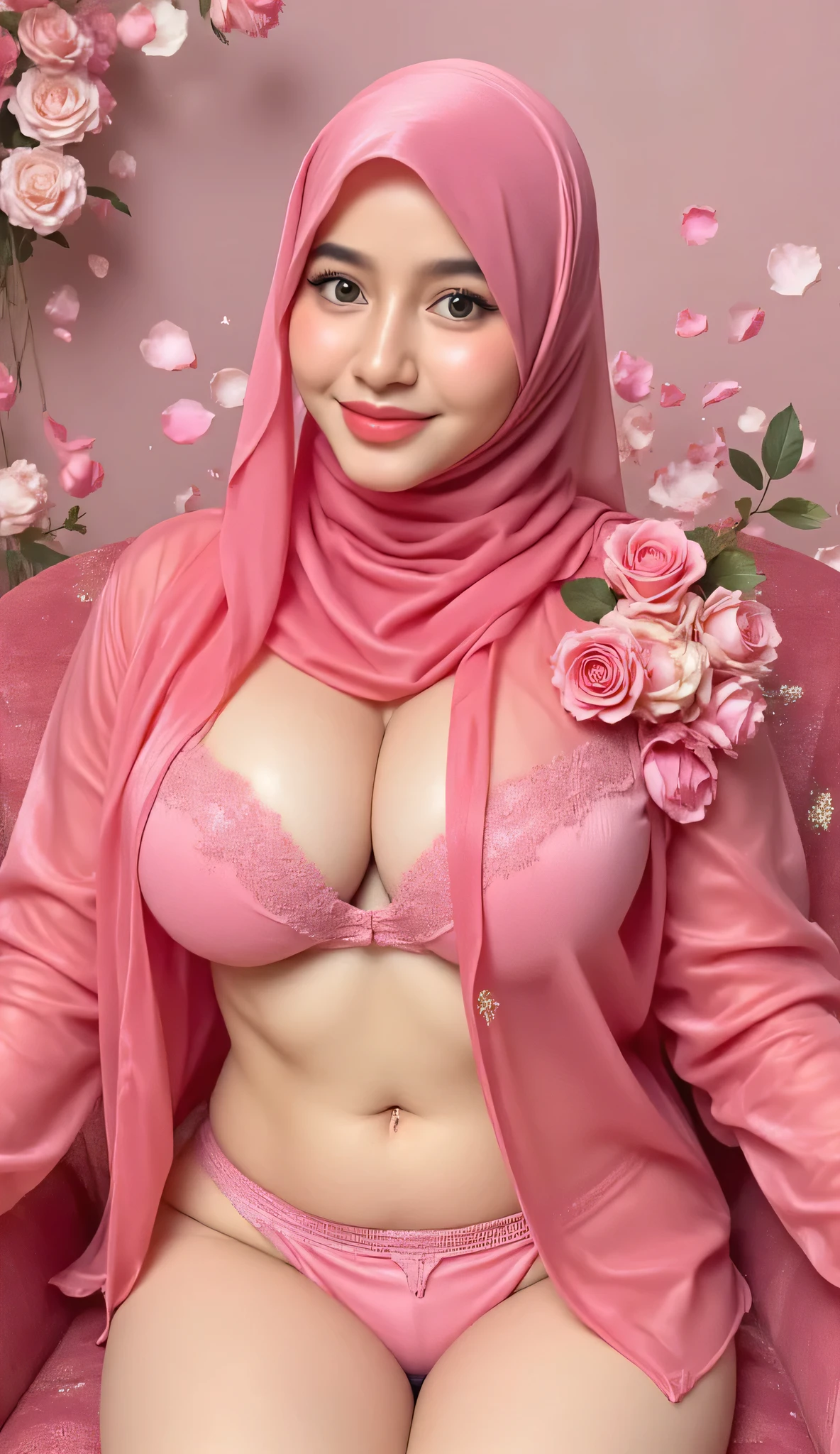 Indonesian Hijab woman, wearing fuchsia satin hijab with fuchsia rose accessories on left side of hijab, wearing fuchsia transparent coat, wearing fuchsia lingerie, showing her white body skin, and navel visible, sitting on the fuchsia chair, fuchsia rose petals pile background partly floating illustration , Realistic original photo