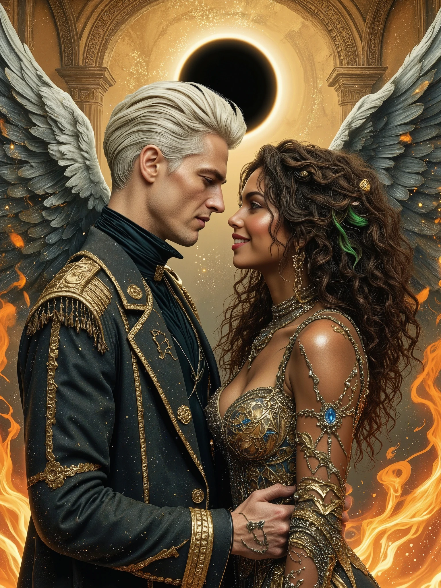 (masterpiece),(Highest quality),(Super detailed),(Ultra-high resolution) , (Best illustrations), 32k, an ancient luxurious temple,dynamic lights, shiny, glitter
Done in a balanced and vivid impressionist style symbolizing harmony of opposites ((and the search for spiritual transcendence through practicing mindfulness of self and psychological clarity, or learning philosophical reason logic and truth, as well as coming to terms with the metaphysical laws of our existence.))
A captivating portrait shows an angel and a demon in staring at each other and enraptured. On the left appearing 40, a handsome aquiline looking man with short stylish white hair and a wry expression wears a dark, fancy high-collared coat and other expensive but tasteful accoutrements. He has silver and white feathered wings and a faint glowing halo, symbolizing his angelic nature. On the right is a smiling half black woman with dimpled cheeks, with brown caramel skin and shoulder length curly brown hair with green blue highlights, wearing a roguish grin and dressed in an eclectic blend ((of street, grunge, secondhand and 1st hand designer finery and God only knows, each piece used to highlight her sensual, seductive nature)) that somehow matches in some bizarre way. Small perky breasts, thick thighs, long legs, raven wings, with flames rising behind her, figures are facing each other, their intense gazes creating a powerful contrast between light and darkness and a shocking truth, they long to touch one another and their look is full of love. Massive energies whirl around these 2 and an eclipse of the Sun heralds their union with a foreboding air. Done in a balanced and vivid impressionist style symbolizing harmony of opposites ((and the search for spiritual transcendence through practicing mindfulness of self and psychological clarity, or learning philosophical reason logic and truth, as well as coming to terms with the metaphysical laws of our existence, to reach the true source.