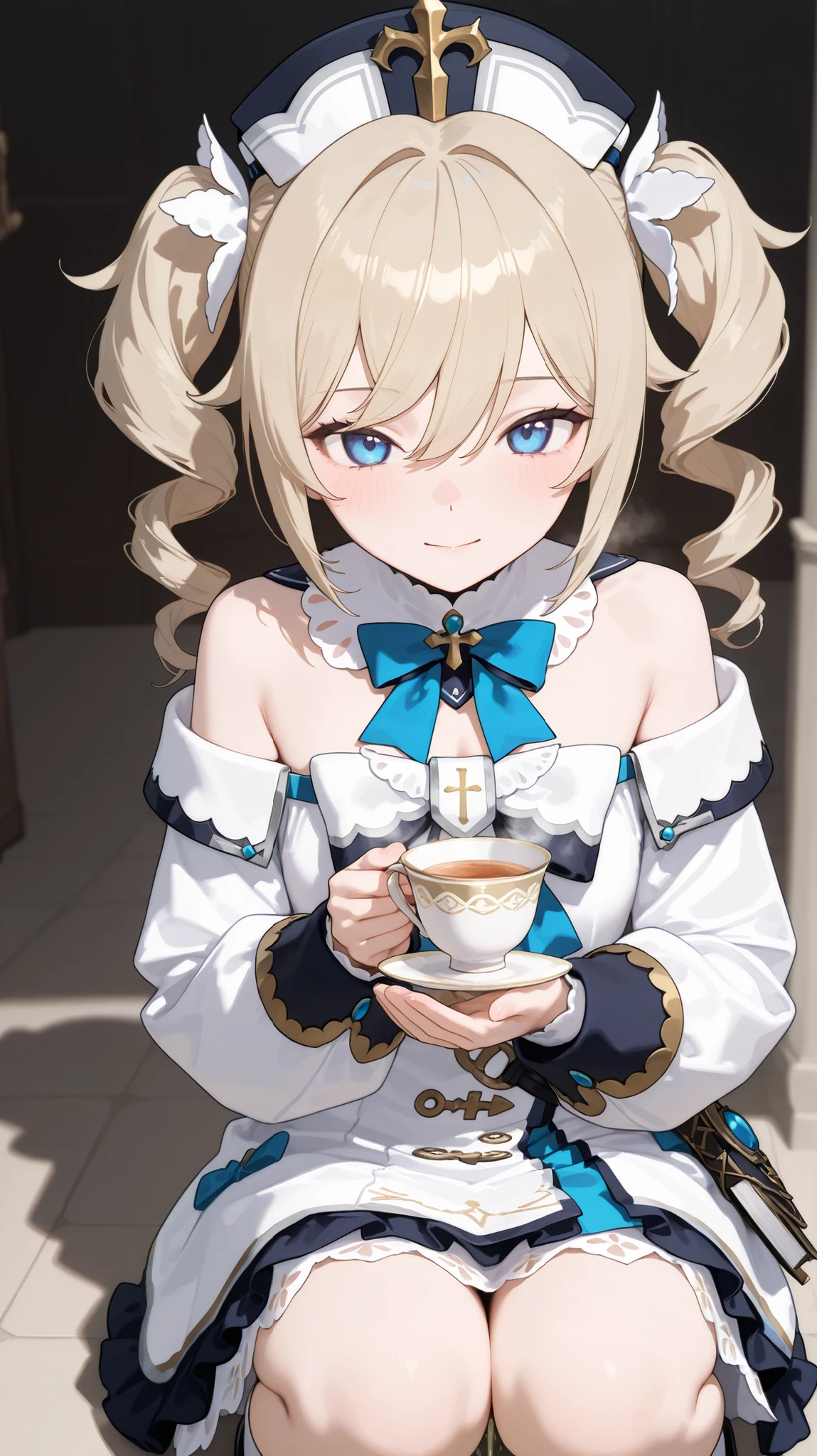 score_9 , score_8_up , score_7_up , score_6_up , Highest Quality , （score_9 , score_8_up , score_7_up , score_6_up , Highest Quality , （, zzBarbara, long hair, bangs, blue eyes, blonde hair, hair between eyes, twintails, sidelocks, drill hair, light brown hair, twin drills, long sleeves, hat, dress, bow, detached sleeves, white dress, detached collar,)、{masterpiece}, {best quality, silent } 、{{peeing、in a tea cup, best quality}}、{{High quality、semi-real anime style, soft matte shading, low-gloss skin, subtle diffuse light, gentle color gradients, fine texture, smooth AO, natural shadows, realistic but anime-proportions, controlled highlights, no plastic shine, high detail, soft rimlight, 4k quality
}}，、{{steam , squatting}}、exquisite, natural colors, clean lines, detailed clothing, dynamic pose, perfect , 3D-like depth, sharp focus, ultra clear details) good background