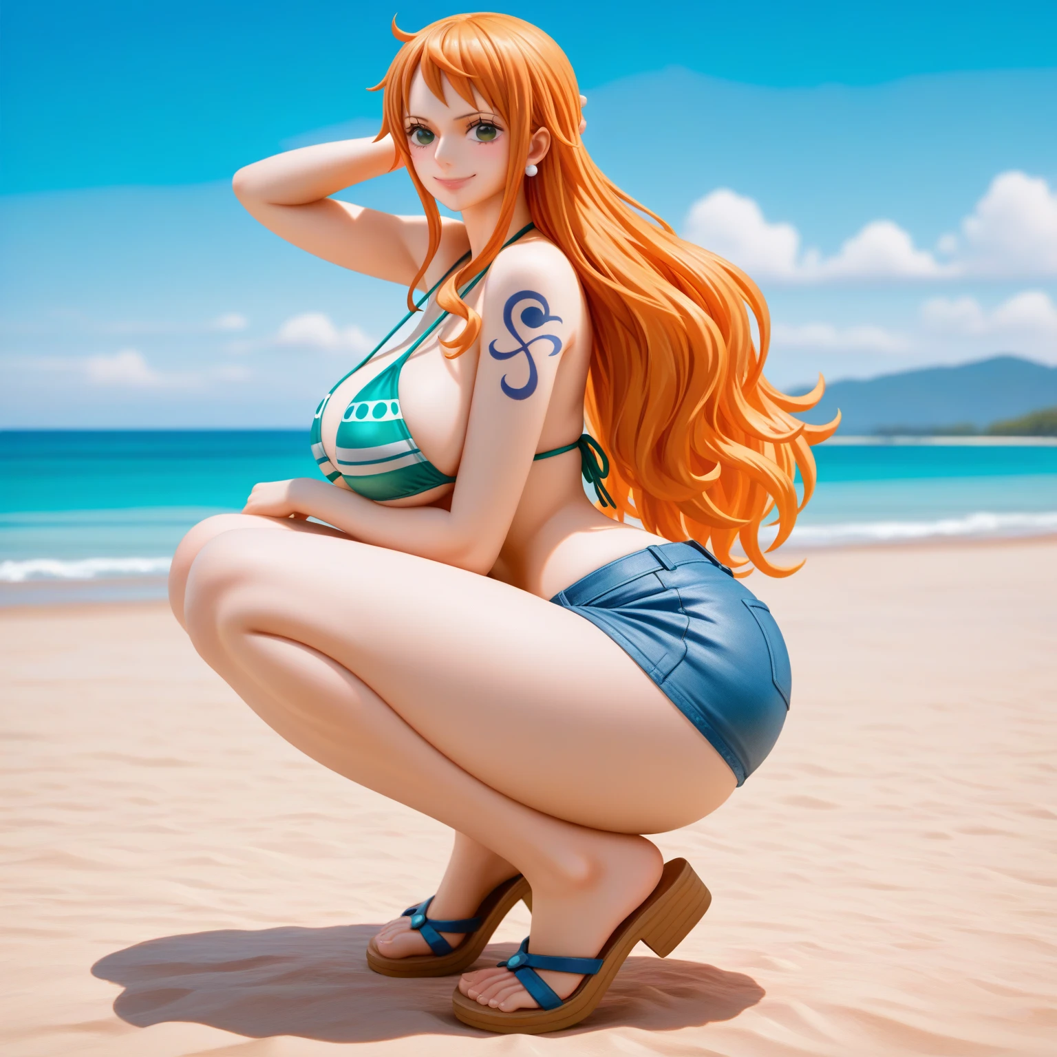 (best quality:1.3), (4k quality),(sharp image), Mei, ((Detailed face)), ((masterpiece face)),((perfect detailed eyes)) (blush), Mei, orange hair, long tied orange hair, green eyes, pink lips, pink lips, sly face, face with stern features, ((detailed face)), perfect face, highly detailed eyes, ((adult face)), masterpiece, absurdres , (intricate details), (colorful),cinematic lighting, extremely detailed CG unity 8k wallpaper , 1girl, solo, mature female, erected , fit body, ????????, ((????????? blue tight micro ??????))(((Bali beach)))(((perfect erected medium ??????))), fit slim body, standing in ????????? pose, showing her ???, (((???????????)))