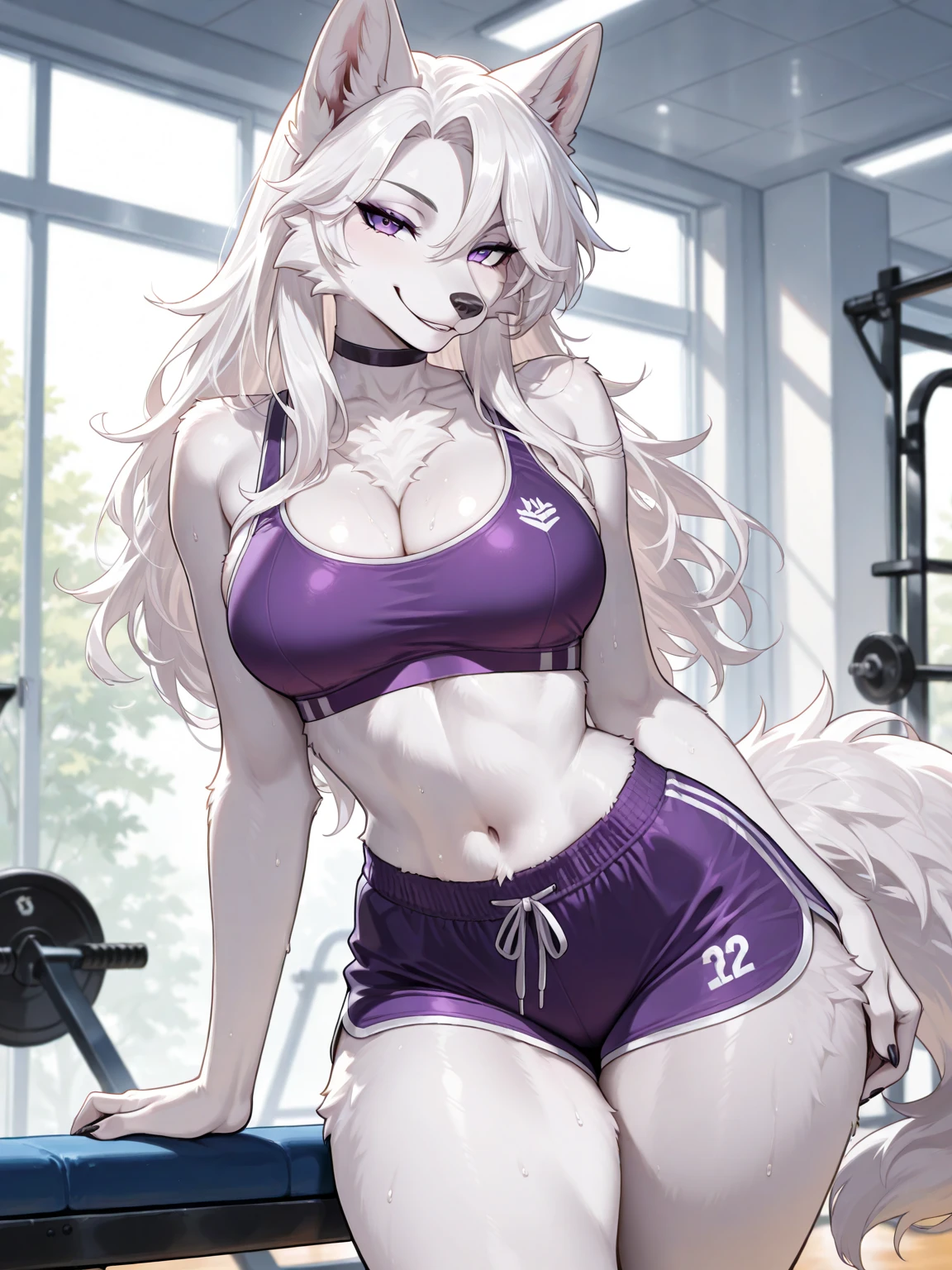 furry, curvy wolf woman, chubby, cute, white wolf, wearing a tank top and shorts, green eyes, short white hair, in gym, hand drawn, 2D, comic realism, warm lighting, one person, pluse sized