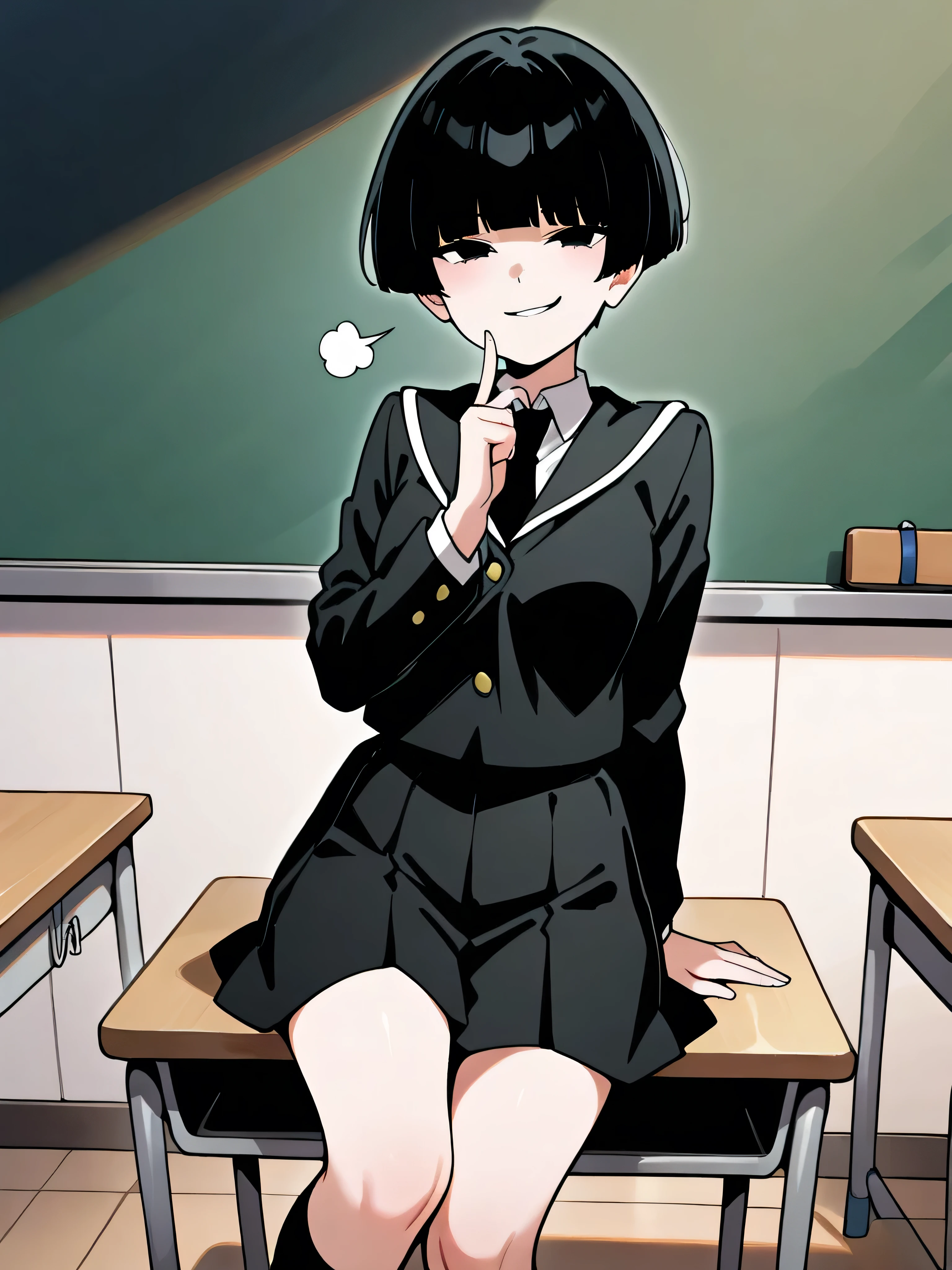 solo, 1woman, female, (((short black hair))), Bowl cut with bangs that hang over her eyes, smug smirk, smug expression, wearing a black school uniform, sitting on a desk in an empty classroom, (ultra quality:1.3), masterpiece, (highly detailed), best quality, HDR, 4k, 8K, trending on deviantart, score_9, score_8_up, score_7_up, sfw
