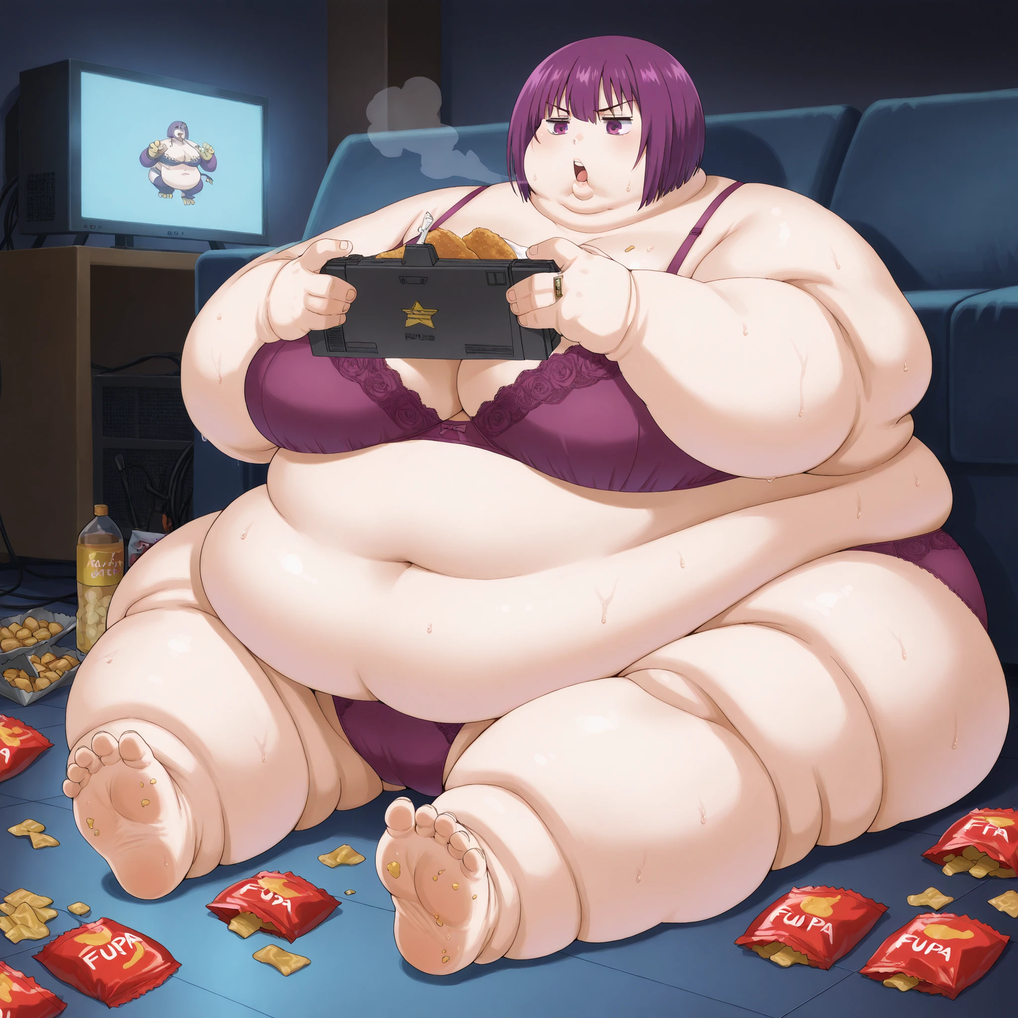 Shion, 1girl, short hair, purple hair, purple eyes, bangs, bra and panties, sitting on floor, playing video games, breasts, fat, chubby, obese, fat neck, multiple chins, big breasts open mouth, out of breath, Larger female, full body shot, only head, large head, oversized limbs, large hands, large feet, oversized feet, oversized fingers, big lips, plump lips, fat face, fupa, big fupa, fat fupa, food wrappers, snacks, sweating, food stains, grease stains