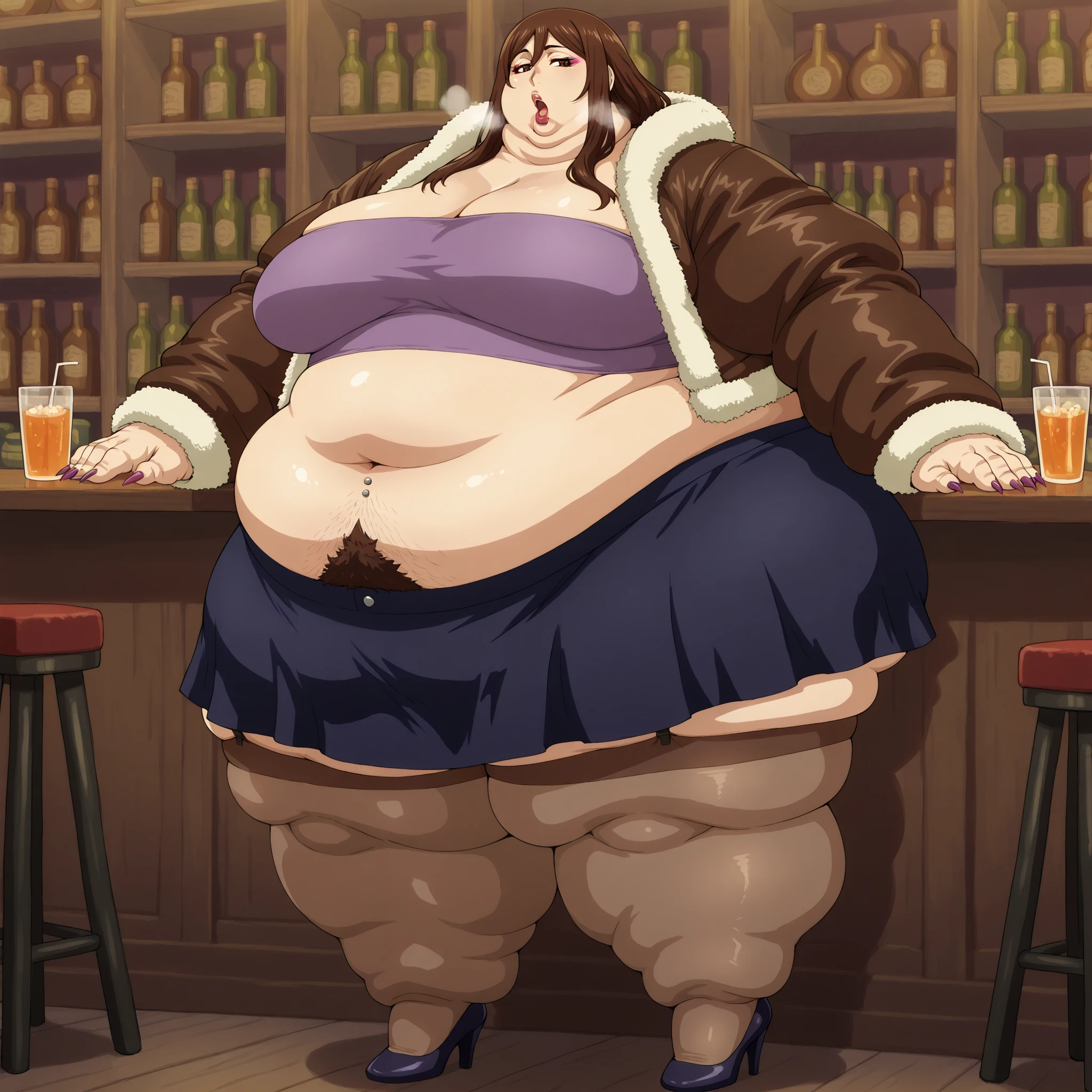  , tondemovianca, long hair, brown hair, brown eyes, thick lips, mature female, furr jacket, tube top, midriff, belly button piercing, skirt, stockings, high heels, long nails, makeup, lipstick, fat, chubby, obese, fat neck, multiple chins, big breasts open mouth, out of breath, Larger female, full body shot, only head, large head, oversized limbs, large hands, large feet, oversized feet, oversized fingers, big lips, plump lips, fat face, fupa, big fupa, fat fupa, hunchback, pubic hair, hairy, at a bar, drinking 