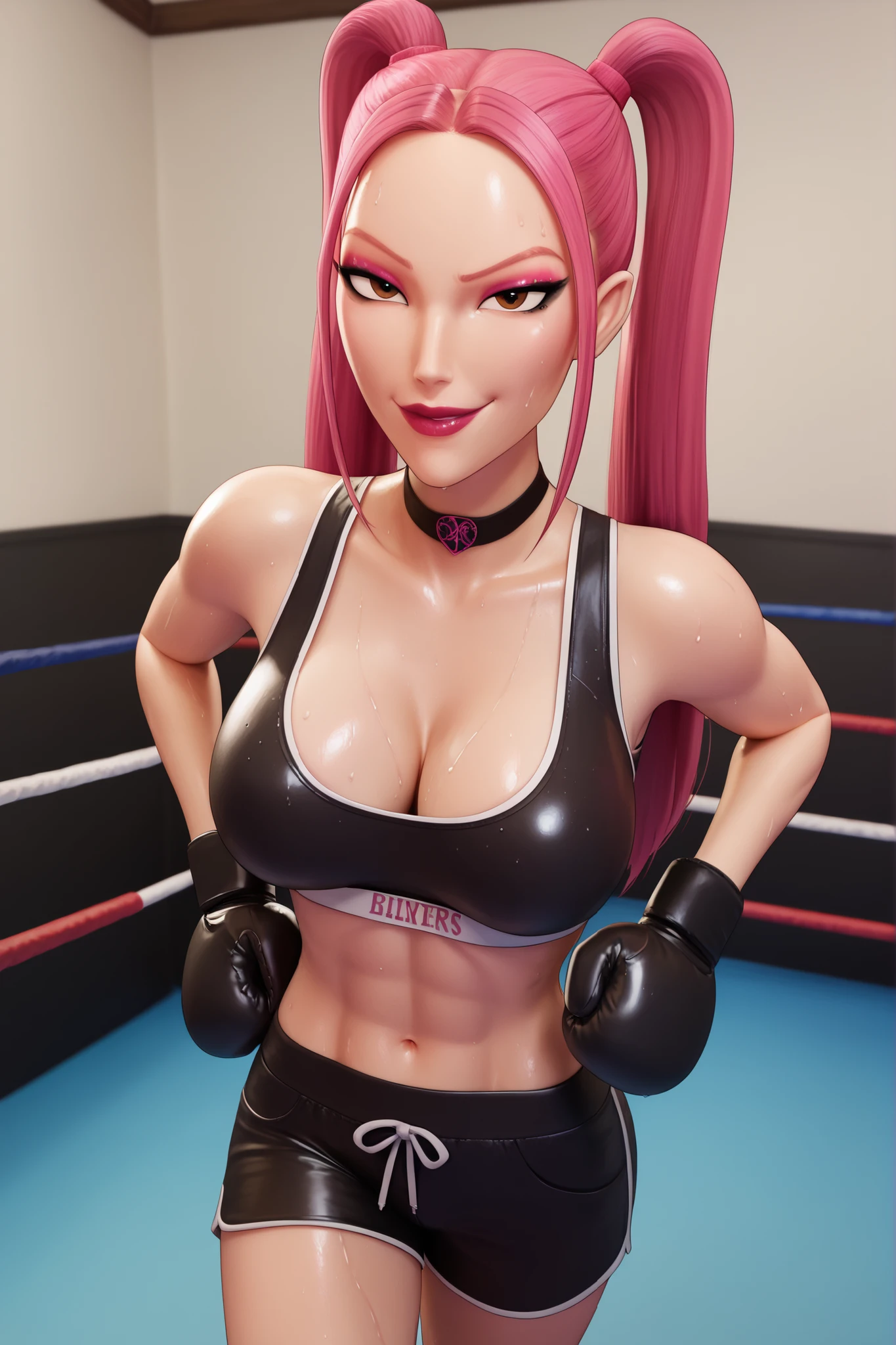 BREAK, score_6_up, score_7_up, score_8_up, score_9, 1girl, solo, kpdh_m1ra, long hair, dark pink hair, brown eyes, twintails, black choker, lipstick, makeup, official KPop Demon Hunters aesthetic, , busty, cleavage, curvy, athletic, looking at viewer, seducing viewer, teasing viewer,  expression, smiling, closed mouth, bedroom eyes, black leather sports bra, black leather boxing shorts, black boxing gloves, midriff, indoors, boxing ring, standing, hands on waist, closeup, portrait, upper body, high-angle view, pink eyeshadow, black eyeliner, black mascara, sweaty, sweat drops, wet skin, shiny skin 