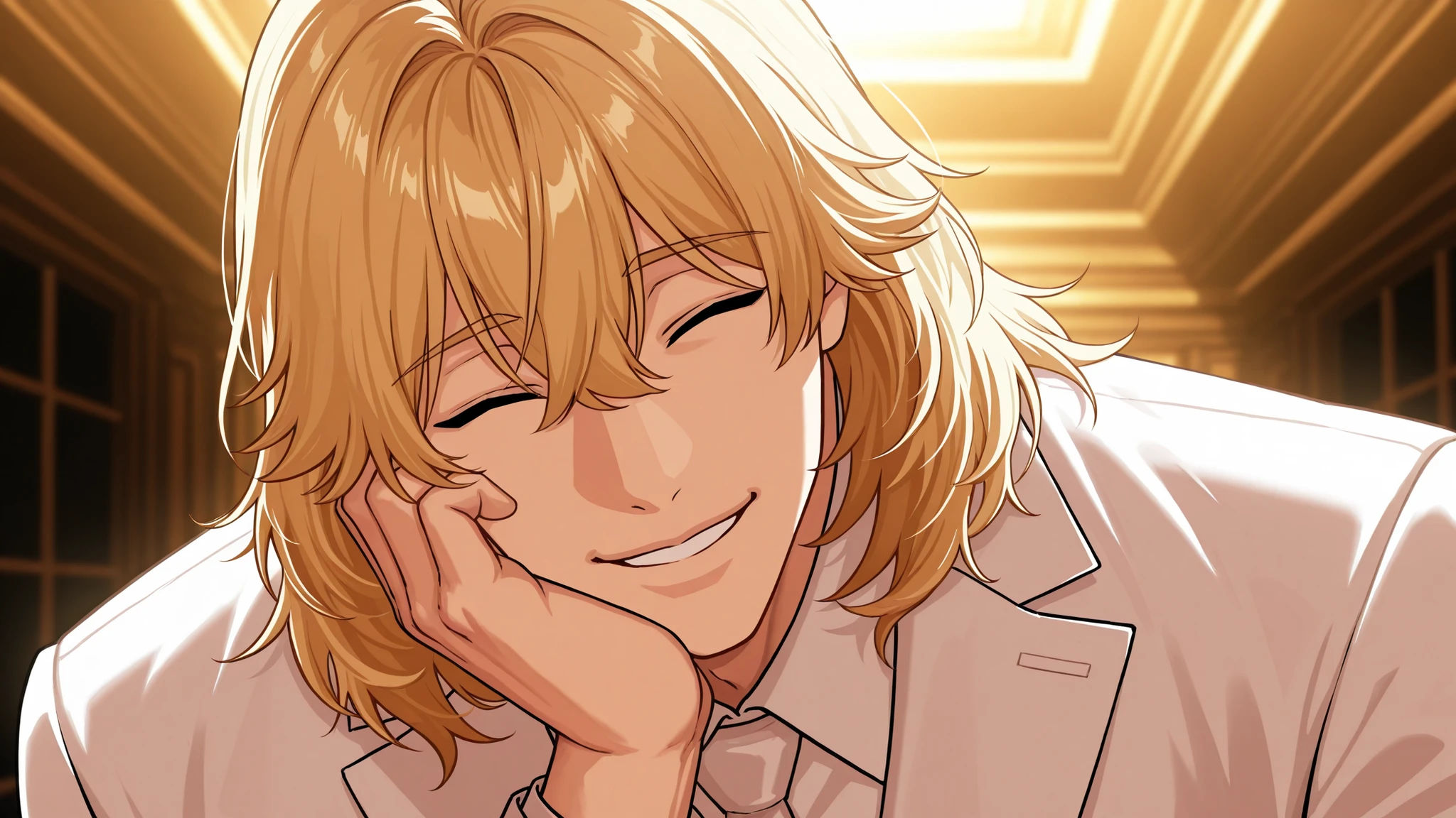 1 male, alone, handsome, muscular, medium hair, blonde hair, bangs between the eyes, happy squinting closed eyes, playful smile, niceful impression, fake, white suit, head up, upper body, looking at viewer, boss vibes, mafia scenery