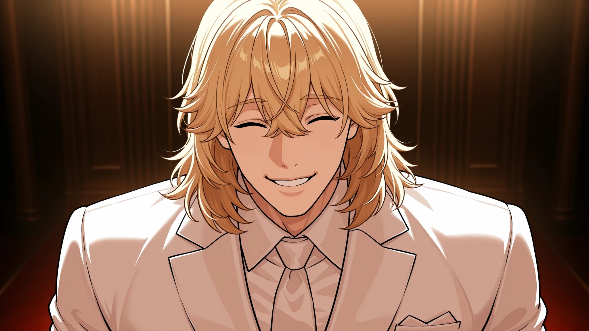 1 male, alone, handsome, muscular, medium hair, blonde hair, bangs between the eyes, happy squinting closed eyes, playful smile, niceful impression, fake, white suit, head up, upper body, looking at viewer, boss vibes, mafia scenery