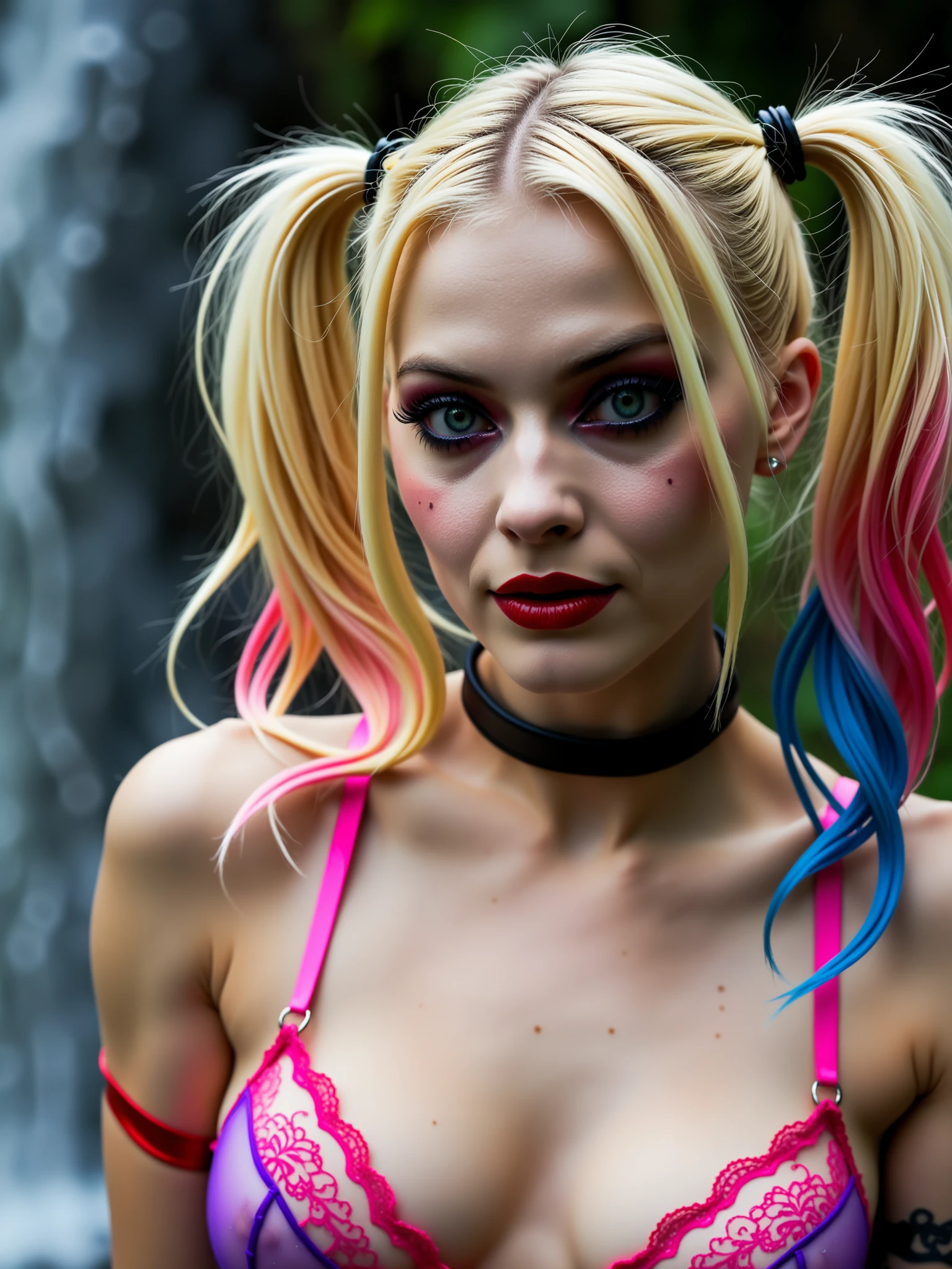 Ultra-realistic image of a blonde woman with two blue and pink tipped pigtails and red and pink lace lingerie with a bow. Harley Quinn has colorful hair and delicate face with thin lips, wide nose and clear green eyes expressive deep look. She is next to a beautiful waterfall