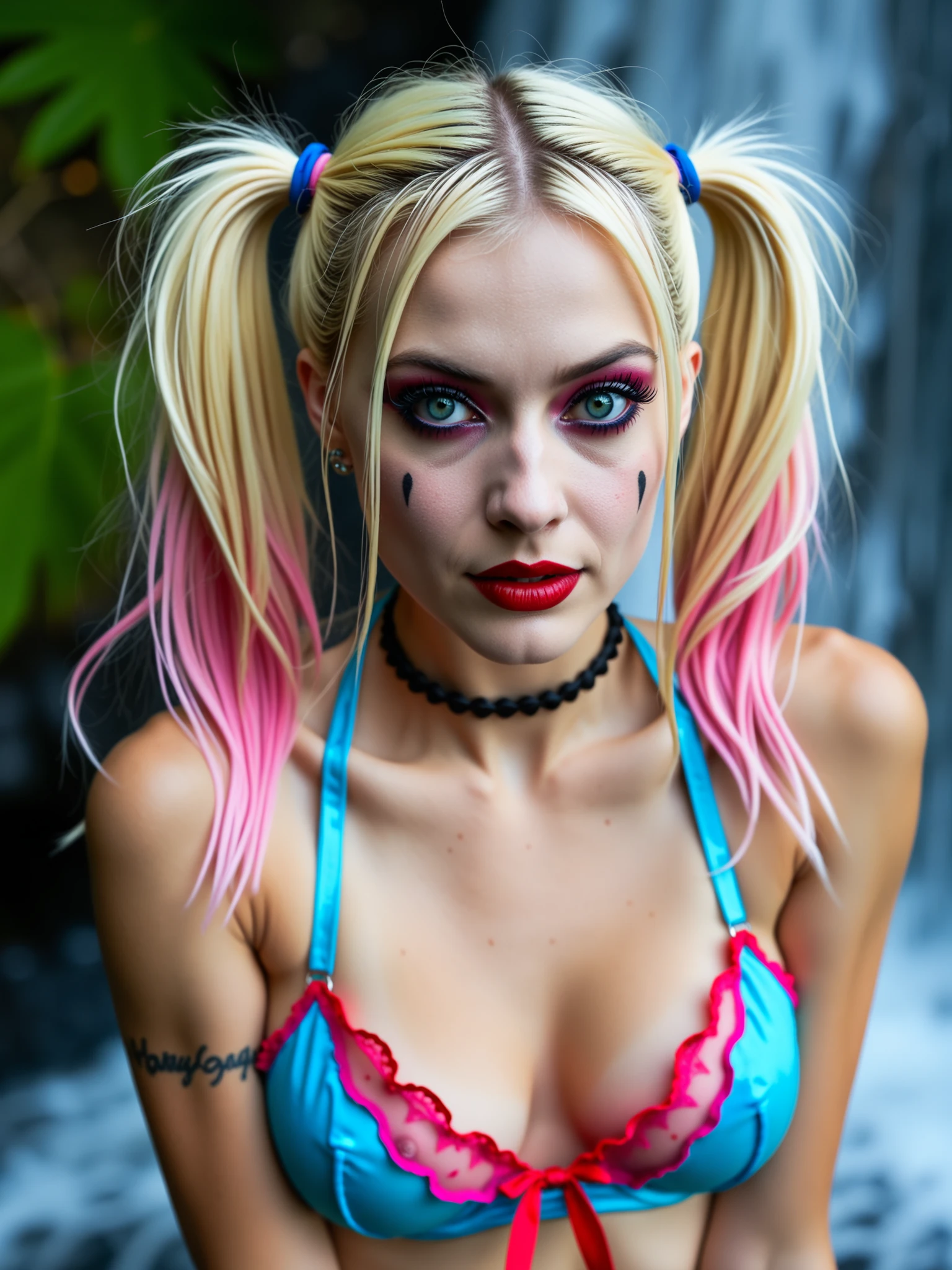 Ultra-realistic image of a blonde woman with two blue and pink tipped pigtails and red and pink lace lingerie with a bow. Harley Quinn has colorful hair and delicate face with thin lips, wide nose and clear green eyes expressive deep look. She is next to a beautiful waterfall