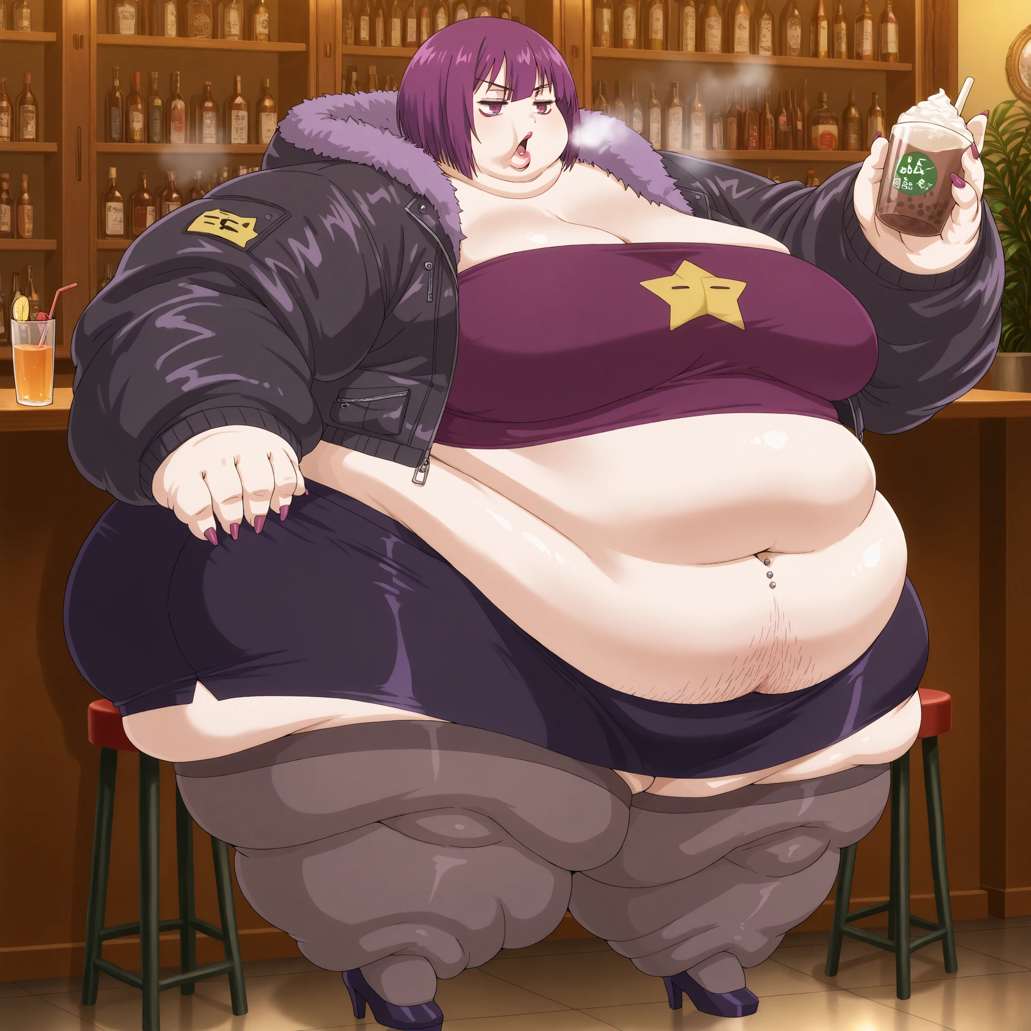 Shion, 1girl, short hair, purple hair, purple eyes, bangs, furr jacket, tube top, midriff, belly button piercing, skirt, stockings, high heels, long nails, makeup, lipstick, breasts, fat, chubby, obese, fat neck, multiple chins, big breasts open mouth, out of breath, Larger female, full body shot, only head, large head, oversized limbs, large hands, large feet, oversized feet, oversized fingers, big lips, plump lips, fat face, fupa, big fupa, fat fupa, pubic hair, hairy, at a bar, drinking