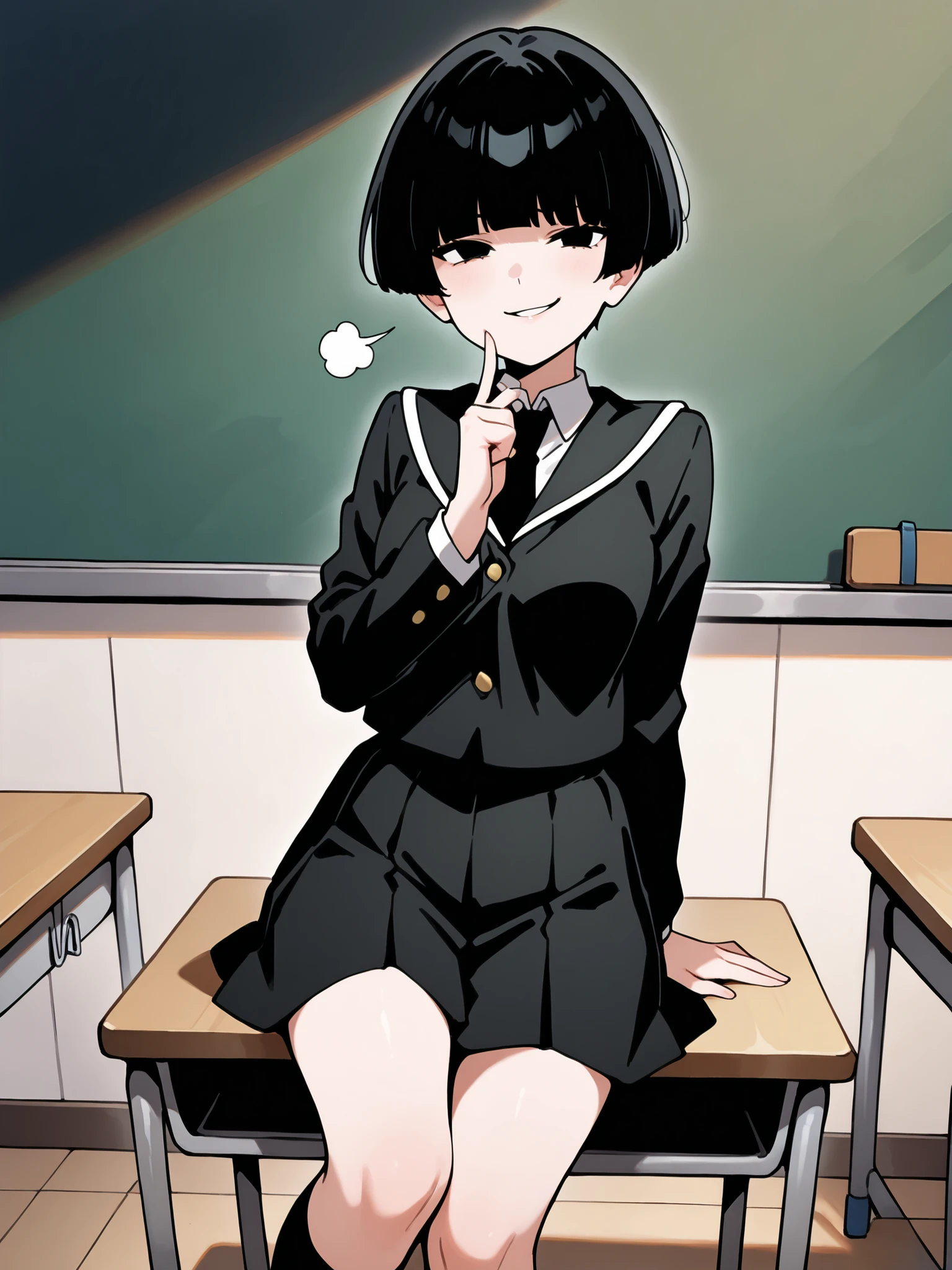solo, 1woman, female, (((short black hair))), Bowl cut with bangs that hang over her eyes, smug smirk, smug expression, wearing a black school uniform, sitting on a desk in an empty classroom, (ultra quality:1.3), masterpiece, (highly detailed), best quality, HDR, 4k, 8K, trending on deviantart, score_9, score_8_up, score_7_up, sfw