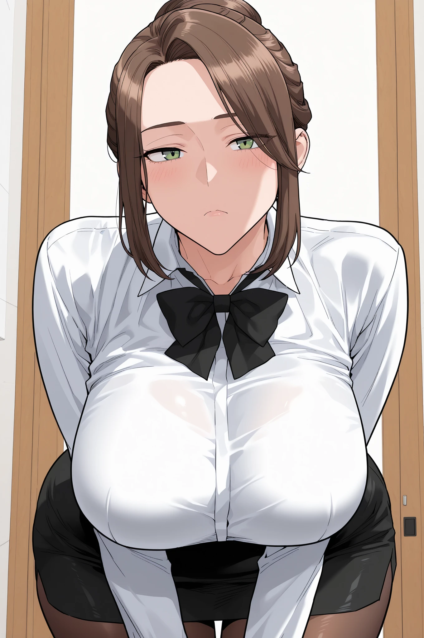 score_9, score_8_up, score_7_up, source_anime, rating_safe, intricate details, anime screencap, official style, 1girl, <lora:Rei:1>, rei, brown hair, blue eyes, twintails, hair over shoulders, large breasts, collarbone, cleavage, long skirt, green shirt, cross-laced clothes, white skirt, barefeet, full body, blush, looking up, breath, side view, 1boy, penis, fellatio, blowjob, saliva