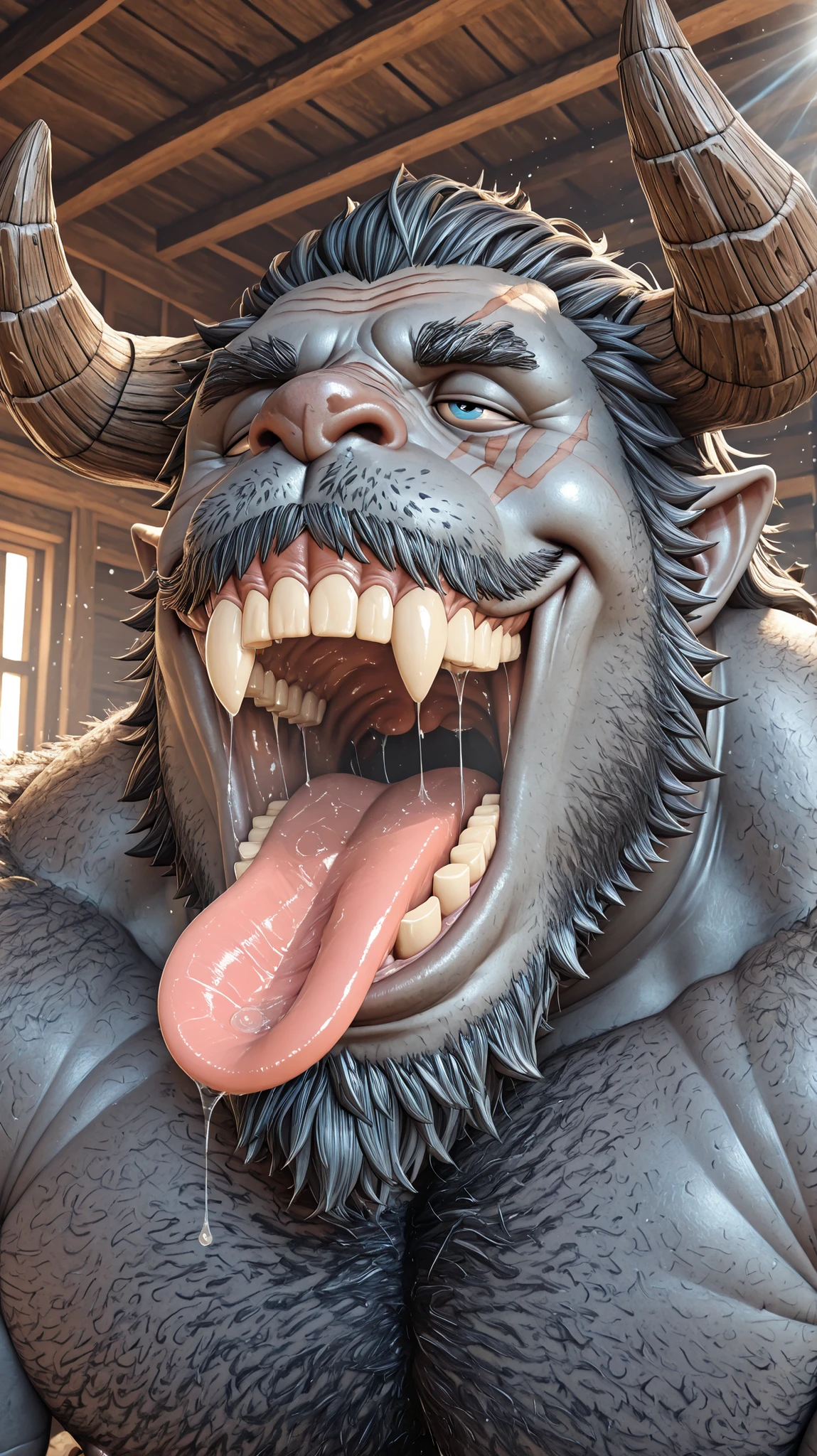 hairy, Krampus, has horns,chubby, thick arms , strong muscles ,chubby face, Black eyebrows,sky blue eyes,beard, ironic smile , chest and belly , ,lie down, Sunlight , , opens his big mouth and sticks out his thick and wide tongue, tongue with a lot of saliva, Open your mouth huge , there's a lot of saliva in your mouth , Open your mouth huge , sticks out all his tongue , your tongue is big and covered with saliva , he has too much saliva in his mouth , Open your giant mouth y sticks out all his tongue ancha, your tongue is huge and too wide ( 4k image) ( 3D image) ( el hombre mete su cabeza dentro de la boca de Krampus ) ( tongue with a lot of saliva) ( the tongue on a man's chest ) ( the tongue licks the chest of a man ) ( Open your giant mouth) ( thick lips ) ( Open all your huge mouth ) ( your chest and face bathed in saliva ) ( Licking the man's chest with his tongue )