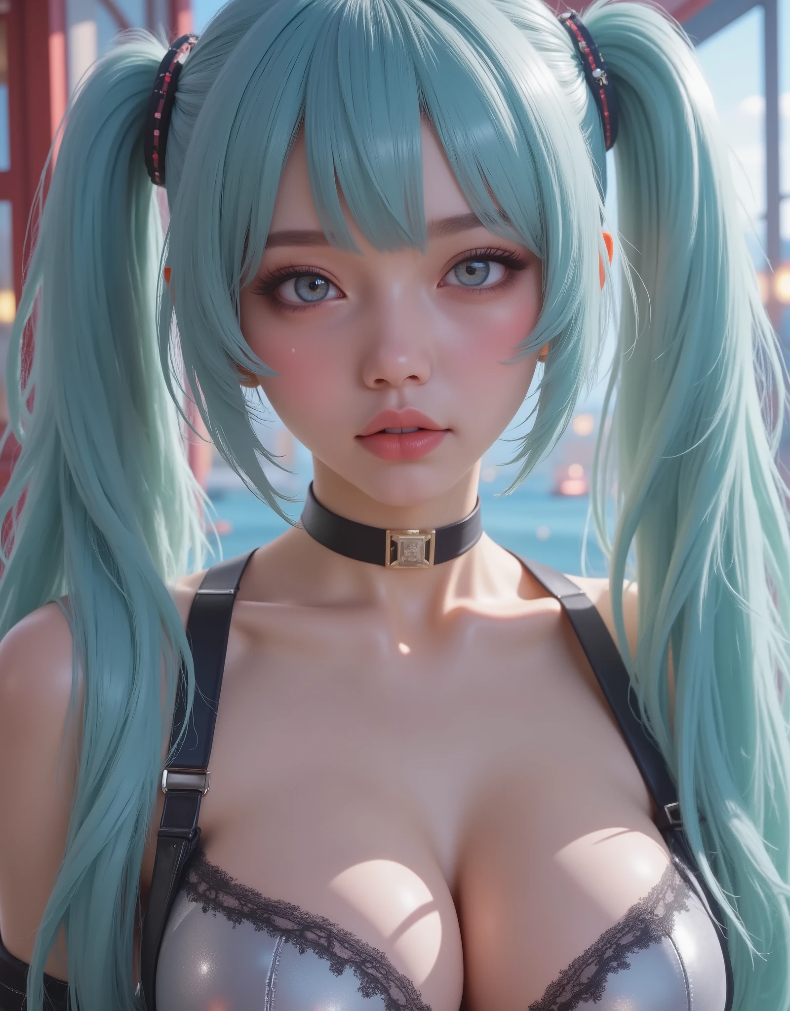 close up (hyperrealistic) The ((Hatsune Miku)),rostro hermoso,hair ((verThe esmeralda)),((very long twin pigtails)),eyes granThes,eyes ((verThe esmeralda ultraThetallados)),Thetalles finos en el rostro,pestañas largas y Thefinidas,textura realista The piel,subtle sparkles on pale skin like porcelain,emphasized bust,Perfect Anatomy Suit,Sleeveless silver shirt,hombros Thescubiertos,mangas The campana negras,corbata The cuello verThe esmeralda,short black pleated skirt,Thigh-length black tights,(RAW photo),(photorealistic),(hyperrealistic),(masterpiece),(High Quality),(Thefinición 8K),(ultra Thetallada),(resolución absoluta),(Thetalles exquisitos),(hdr),realistic style,iridescent effects, surreal background,cinematic lighting,contraste dinámico The luz y sombra