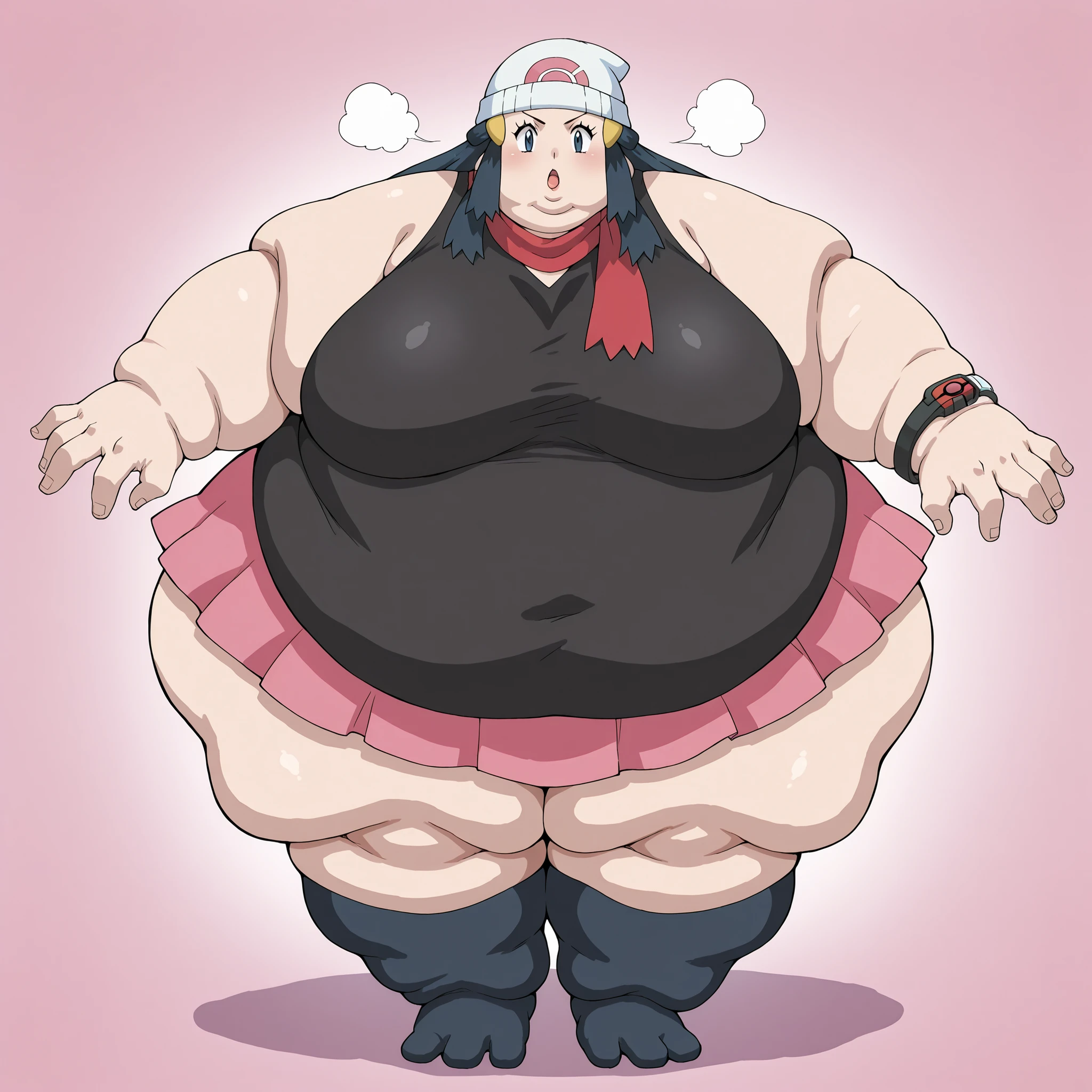pokemondawn, <lora:pokemon-dawn-anime-ponyxl-lora-nochekaiser:1>, pokemon dawn, black hair, blue eyes, sidelocks, long hair,
bare shoulders, beanie, black shirt, black socks, bracelet, hat, jewelry, kneehighs, miniskirt, pink skirt, red scarf, scarf, shirt, skirt, sleeveless, sleeveless shirt, white headwear,breasts, fat, chubby, obese, fat neck, multiple chins, big breasts open mouth, out of breath, Larger female, full body shot, only head, large head, oversized limbs, large hands, large feet, oversized feet, oversized fingers, big lips, plump lips, fat face, fupa, big fupa, fat fupa,