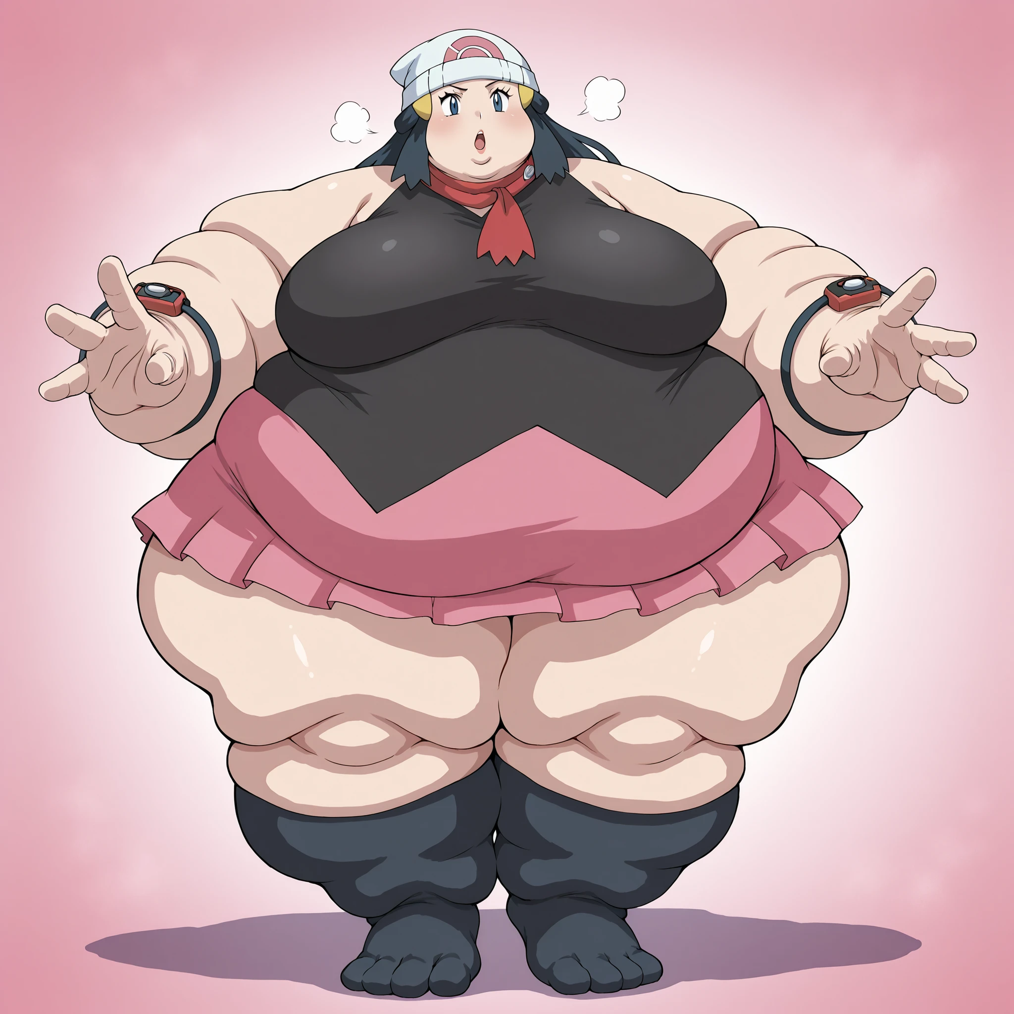 pokemondawn, <lora:pokemon-dawn-anime-ponyxl-lora-nochekaiser:1>, pokemon dawn, black hair, blue eyes, sidelocks, long hair,
bare shoulders, beanie, black shirt, black socks, bracelet, hat, jewelry, kneehighs, miniskirt, pink skirt, red scarf, scarf, shirt, skirt, sleeveless, sleeveless shirt, white headwear,breasts, fat, chubby, obese, fat neck, multiple chins, big breasts open mouth, out of breath, Larger female, full body shot, only head, large head, oversized limbs, large hands, large feet, oversized feet, oversized fingers, big lips, plump lips, fat face, fupa, big fupa, fat fupa,