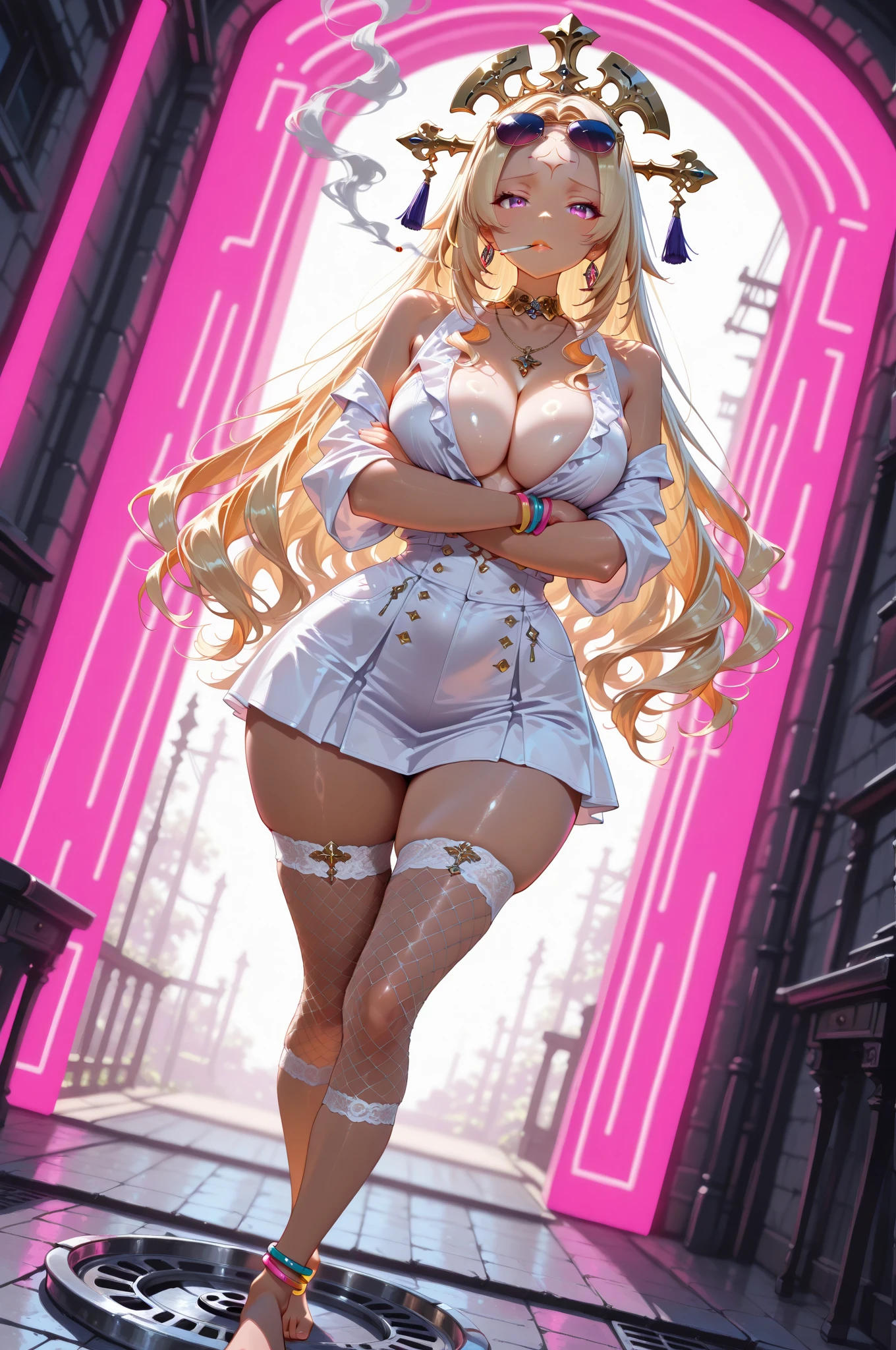 Lumine | genshin impact, master-piece, bestquality, 1girls,25 years old, proportional body, proportional., Wedding Dresses, White Wedding Dress, wedding, ????????????????, ,bara, choker, (Graffiti:1.5), Splash with purple lightning pattern., arm behind back, against wall, View viewers from the front., Thigh strap, Head tilt, bored, 10, 10, HD, slight smile,