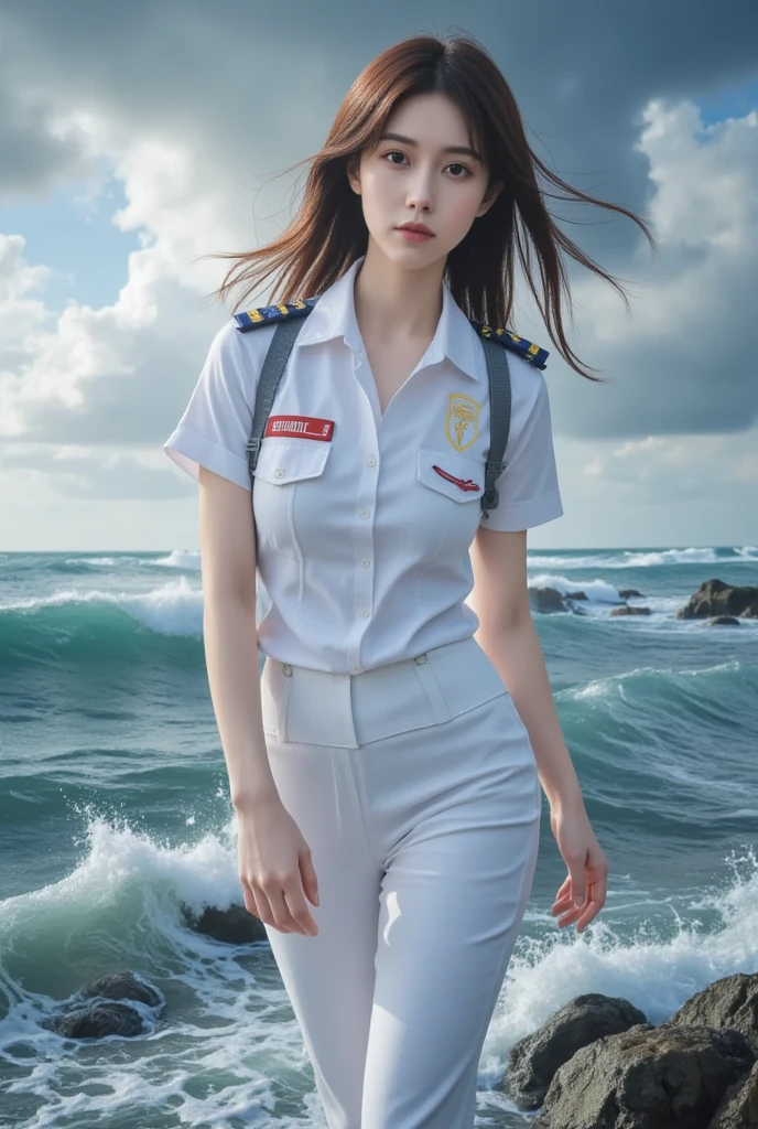 (best quality),[masterpiece],((beautiful:0.75) cute girl:0.75),(EOS R8,50mm,F1.2,8K,RAW photo:1.2),Professional,ultra-fine painting,1girl,long hair,outdoors,(front:1.3),cloud,sky,seaside background,standing,
uniform11,police uniform,hat