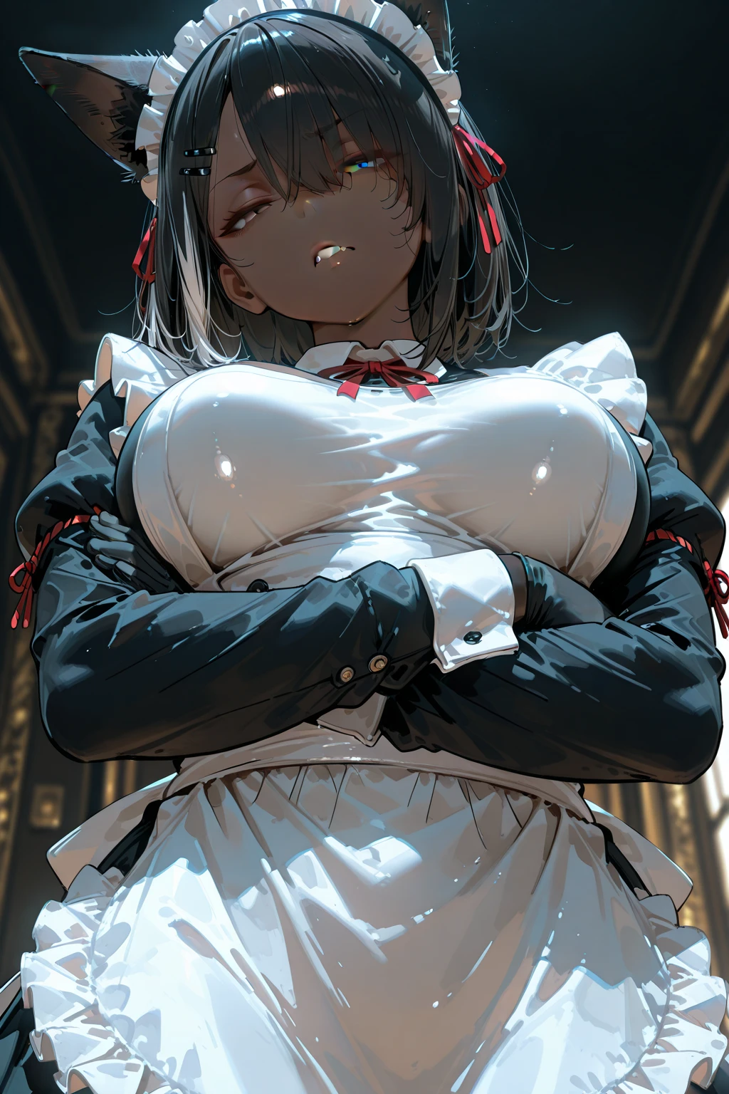 source_anime, score_9, score_8_up, score_7_up, source_Blue_Archive, dynamic, 1woman, (Karin_(Blue_Archive):1.0), dark-skinned_female, yellow eyes, halo, huge breasts, GTSTY132, (maid), looking at viewer, facing viewer, shy, blush, blushing, embarrassed, sunny, outdoors,