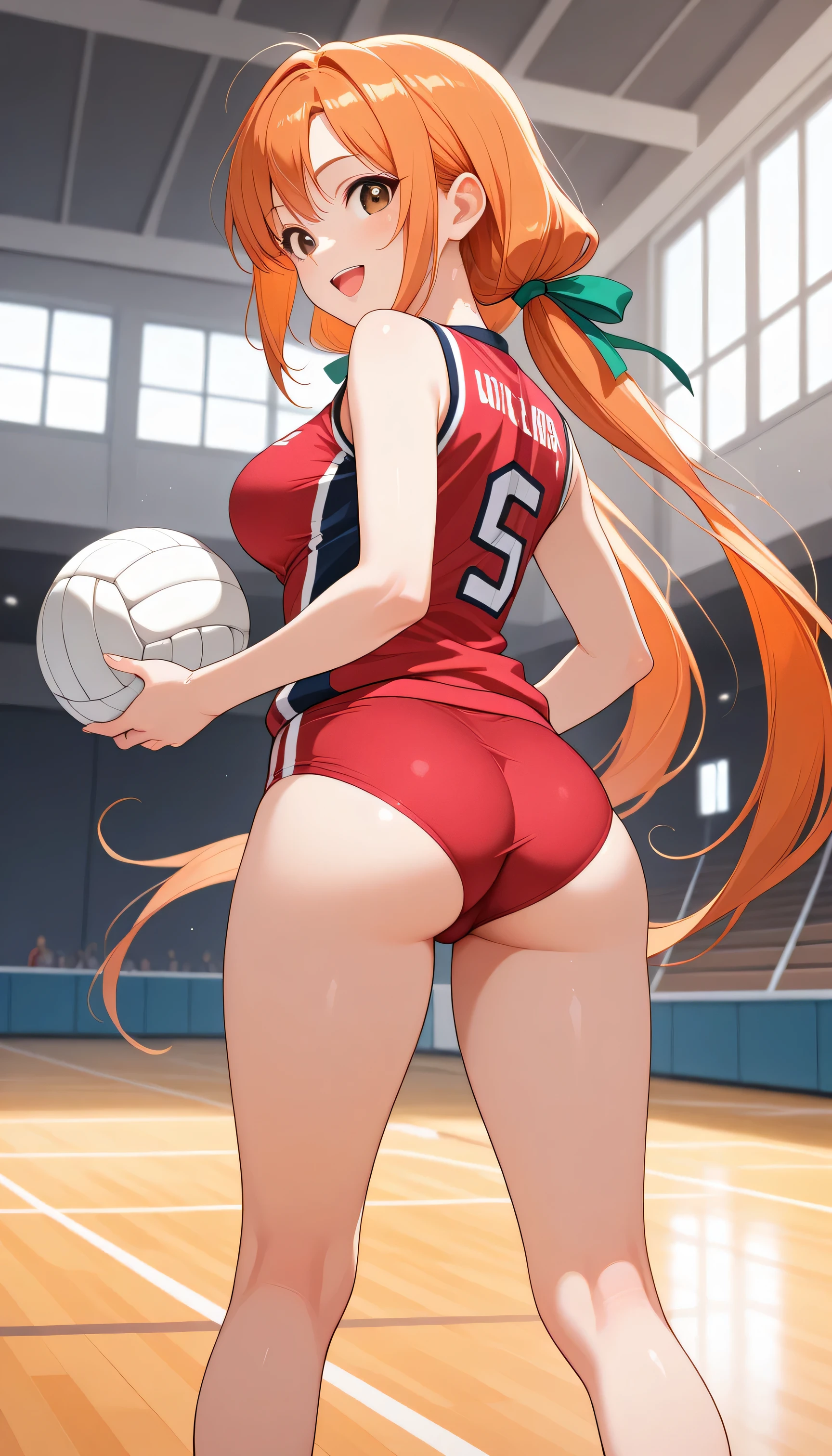 1girl, standing, long legs, from behind, looking back, BREAK girl, karane_inda, 22yo, brown eyes, orange hair, very long hair, low twintails, green ribbon, hair ribbon, medium breasts, beautiful eyes, beautiful face, volleyball uniform, red buruma, (taut clothes:1.2), round ass, small ass, thighs, smile, open mouth, gymnasium, blurry background, masterpiece, best quality, amazing quality, very aesthetic, absurdres, newest, highres, hyper-detailed, super detailed, extremely detailed, sharp focus, explicit