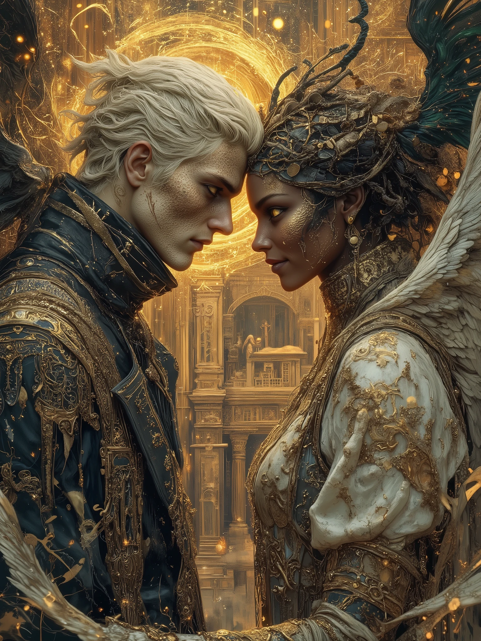 (masterpiece),(Highest quality),(Super detailed),(Ultra-high resolution) , (Best illustrations), 32k, an ancient luxurious temple,dynamic lights, shiny, glitter
Done in a balanced and vivid impressionist style symbolizing harmony of opposites ((and the search for spiritual transcendence through practicing mindfulness of self and psychological clarity, or learning philosophical reason logic and truth, as well as coming to terms with the metaphysical laws of our existence.))
A captivating portrait shows an angel and a demon in staring at each other and enraptured. On the left appearing 40, a handsome aquiline looking man with short stylish white hair and a wry expression wears a dark, fancy high-collared coat and other expensive but tasteful accoutrements. He has silver and white feathered wings and a faint glowing halo, symbolizing his angelic nature. On the right is a smiling half black woman with dimpled cheeks, with brown caramel skin and shoulder length curly brown hair with green blue highlights, wearing a roguish grin and dressed in an eclectic blend ((of street, grunge, secondhand and 1st hand designer finery and God only knows, each piece used to highlight her sensual, seductive nature)) that somehow matches in some bizarre way. Small perky breasts, thick thighs, long legs, raven wings, with flames rising behind her, figures are facing each other, their intense gazes creating a powerful contrast between light and darkness and a shocking truth, they long to touch one another and their look is full of love. Massive energies whirl around these 2 and an eclipse of the Sun heralds their union with a foreboding air. Done in a balanced and vivid impressionist style symbolizing harmony of opposites ((and the search for spiritual transcendence through practicing mindfulness of self and psychological clarity, or learning philosophical reason logic and truth, as well as coming to terms with the metaphysical laws of our existence, to reach the true source.
