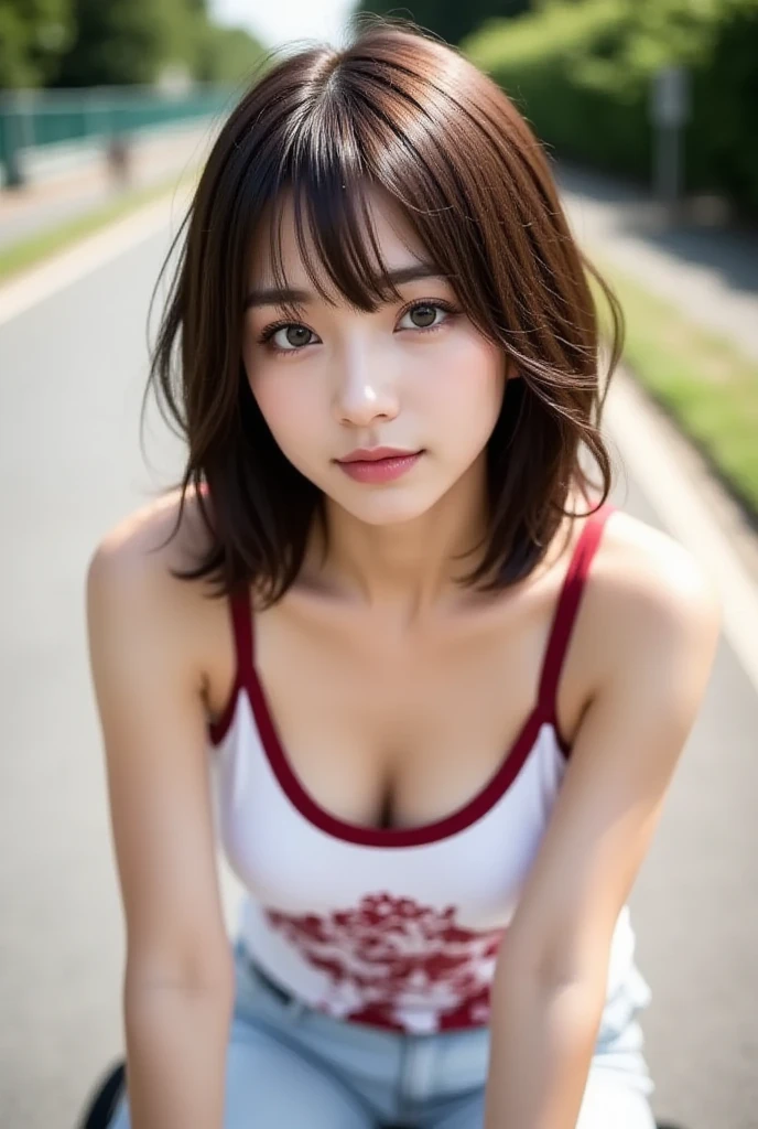 masterpiece, best quality, ultra-detailed, ADDCOMM
1girl, short hair, hairband, smile, downblouse, ((extended downblouse)), gym, ((black camisole)), ((buruma)), split, leaning forward, , hands on own knee, sweat, (), (mature female:1.2)、((short-cut))、Looking at the camera、Transcendent beauty、Moles under the eyes、Thin woman、Detailed skin、no-makeup、Glamorous body, Open your mouth very wide and stick out your tongue、Stick out your tongue,  (((blush your cheeks)))