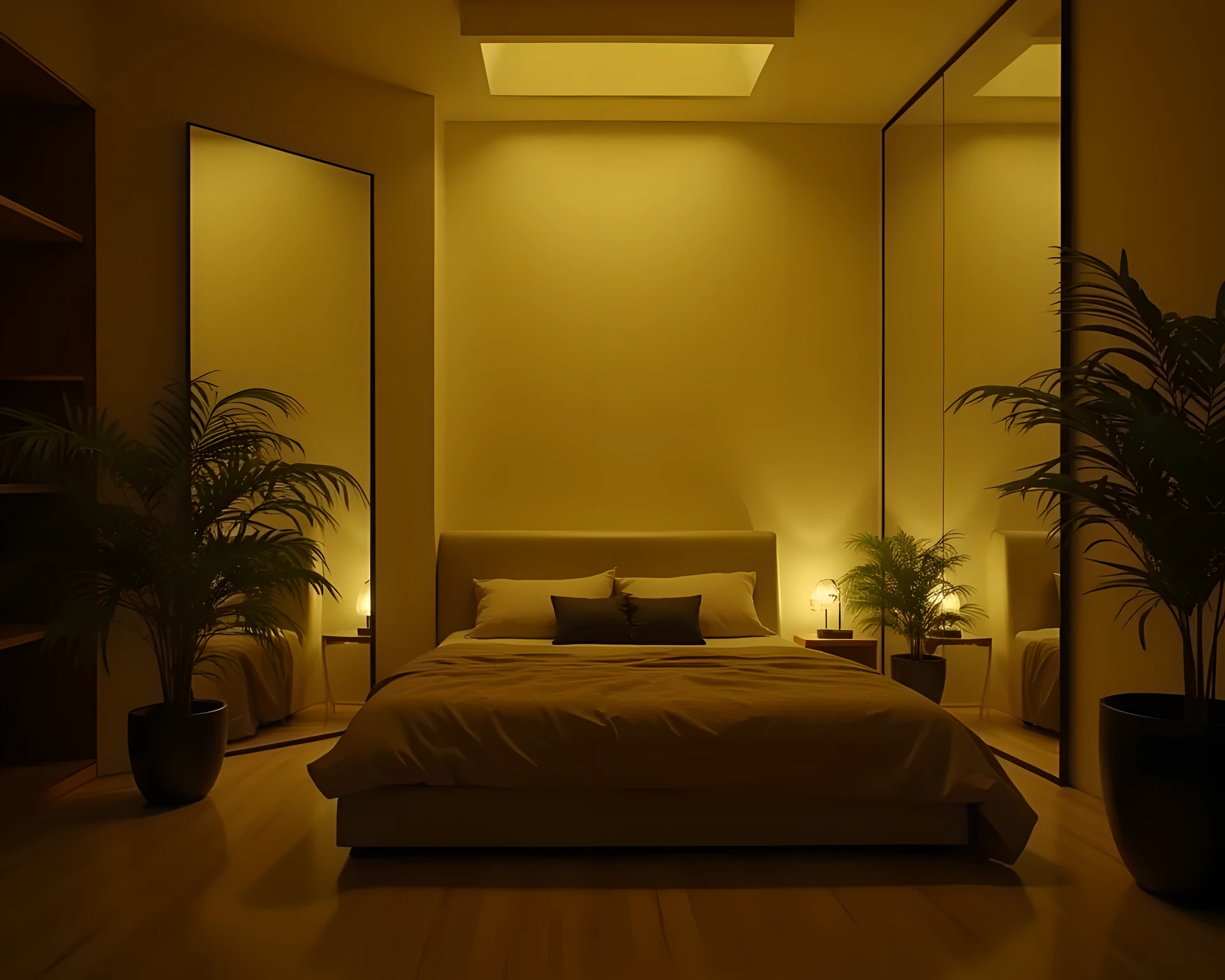 live-action、Picture、A dim bedroom with pale yellow light、Large Mirrors、beige sofa、There are tropical foliage plants