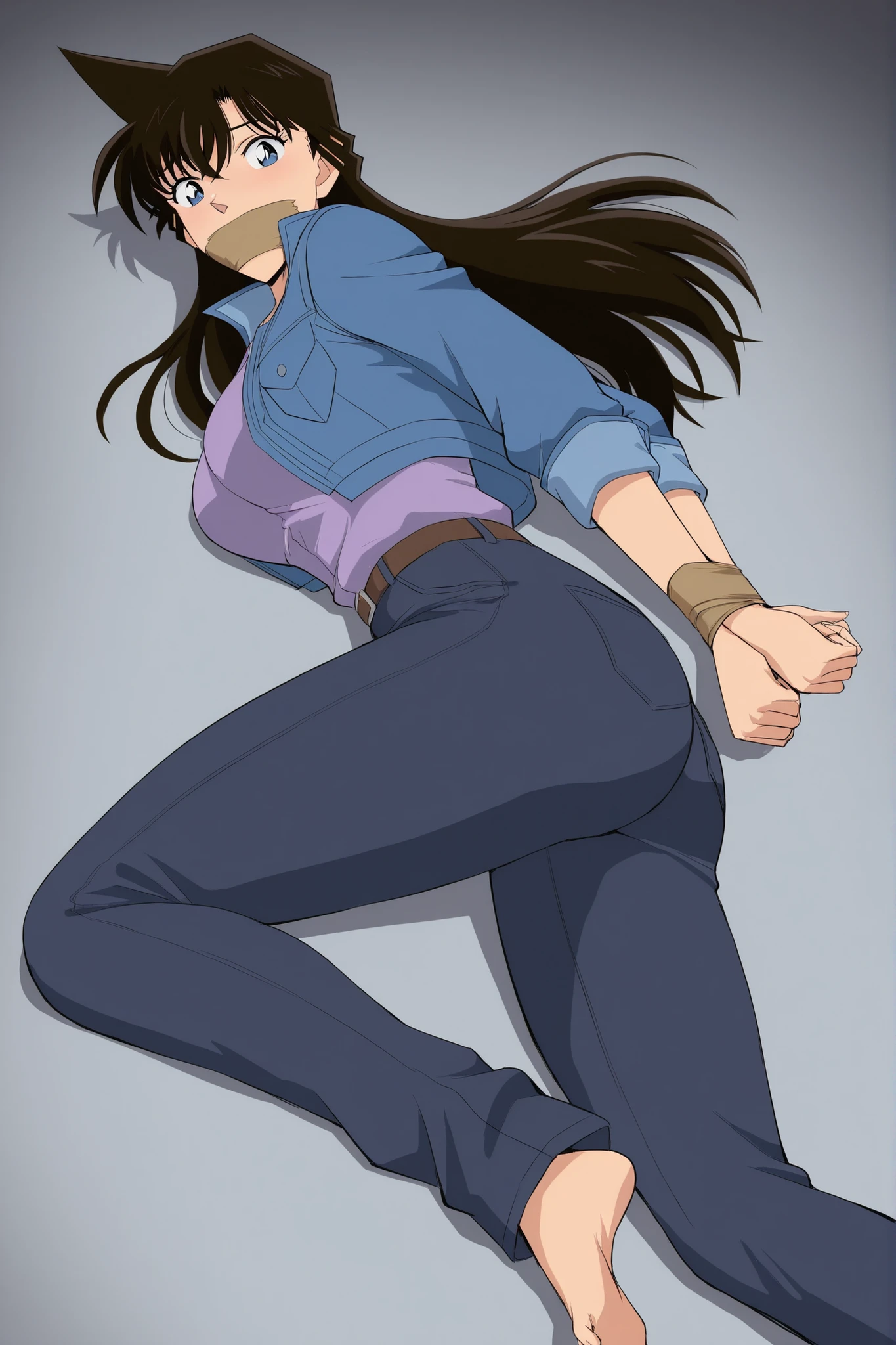 sexy curvy body, masterpiece, 16K resolution, perfect anatomy, seductive pose, erotic, attention to detail, ,, ,masterpiece,best quality,Ran mouri, 1girl, solo, long hair Brown hair, blue eyes, gagged cloth, tape gagged, blue pants, blue open jack, purple shirt under jacket, t ,Ran mouri,1girl,solo,blue denim jacket with rolled-up sleeves over a light purple collared shirt,dark pants with a brown belt, gagged,tied up,damsel ،Her hands are tied behind her back,Her feet are tied، ,,,,lying on her stomach ,,, from Back, Close to her butt
