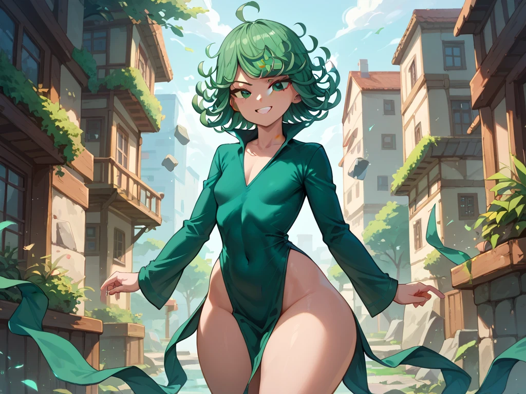 (masterpiece, best quality:1.2), cowboy shot, solo, 1girl, tatsumaki, , closed mouth, looking at the viewer, ass, wide hips, shirt, , short shorts, squats, , blue sky, ,