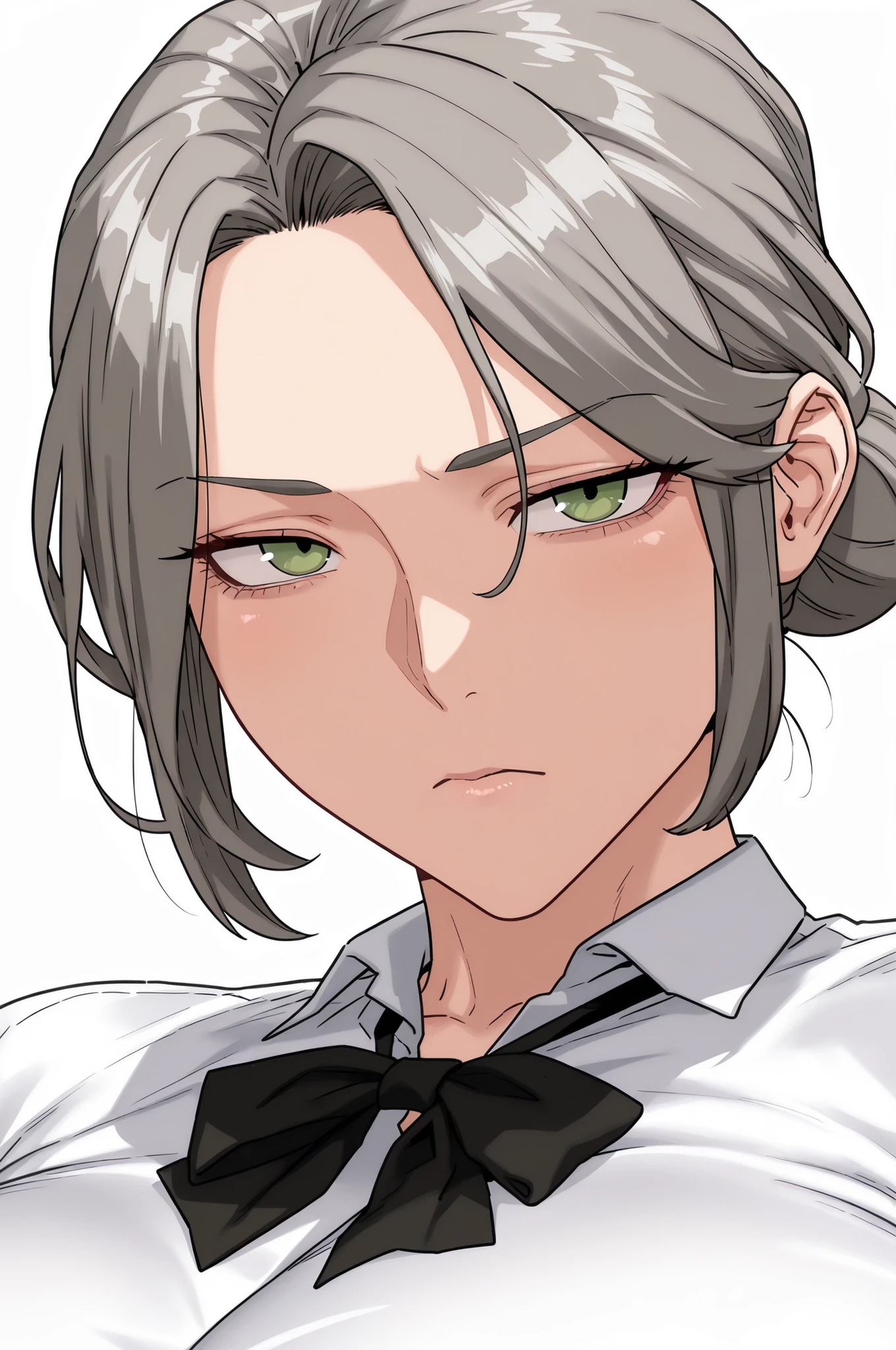(masterpiece, very aesthetic, absurdres, expressive, perfect face, cartoon style, solo,) 
(white background:0.9), 
(sexy mature milf with grey hair bun, green eyes and big breasts), (wearing white shirt, black bowtie), (portrait of sexy mature milf, grey hair bun, big breasts, green eyes, wrinckles, serious face, looks at viewer),