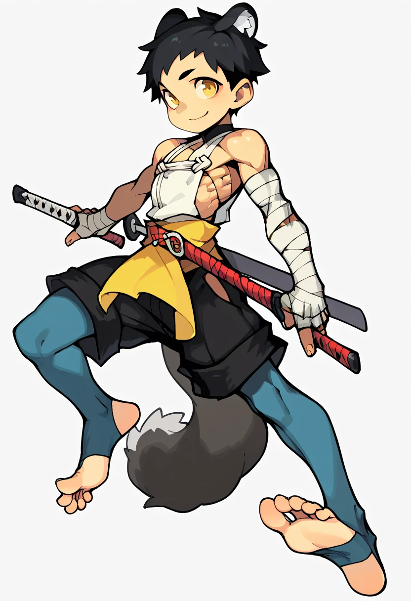 "8k, score_9, score_8_up, score_7_up, portrait, masterpiece,  blurry background, 1boy, male, male focus, big feet, weapon, animal ears, white background, tail, sword, simple background, black hair, sheath, yellow eyes, smile, bird, gloves, sheathed, jewelry, barefeet, soles, cute face, fantady clothes, topless, muscular, defined body standing up, Dynamic pose, looking at viewer, intense look, accessories, smile, black outline, thick outline, Draugnut, draugnut style, style, , SOLO, CUTE FACE, Flower bed background, orgasmic looking, blushing,black outline,thick outline, looking at viewer,"