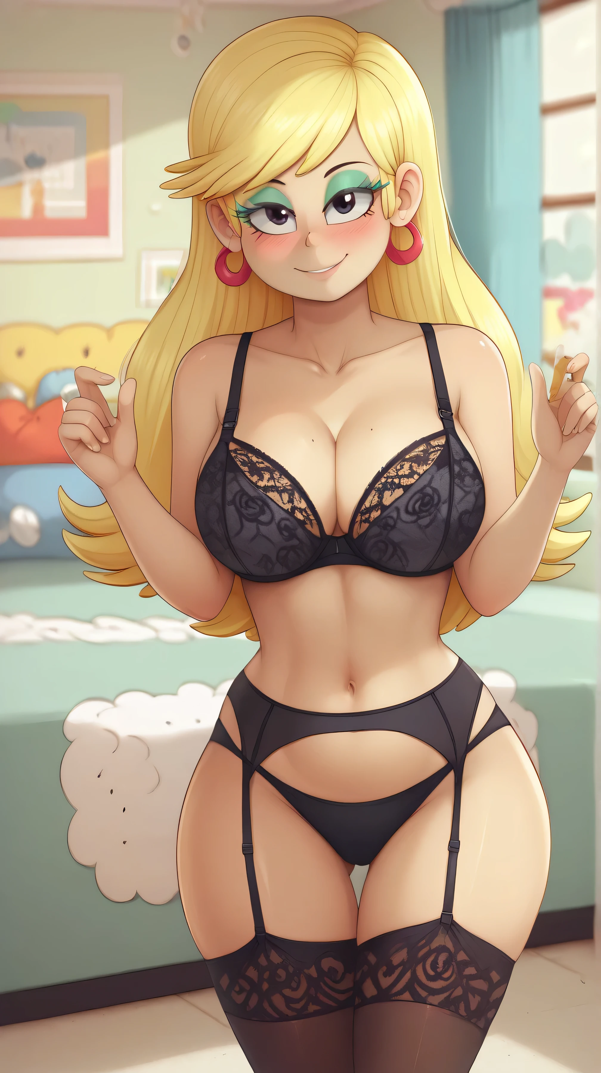 safe_pos, score_9, score_8_up, score_7_up correct anatomy, BREAK g4, best high quality, beautiful, detailed fingers, high res, (anatomically correct), leni loud, blonde hair, long hair, black stockings, black bra, black underwear, garter straps, thigh highs, large hips, the loud house, cute, female, looking at you, presenting, sexy, solo, solo female, living room, indoors, detailed, beautiful, anatomically correct, blushing, standing, breasts, big breasts, 5 fingers, human fingers, smile, green eyeshadow, large hips, black eyelashes, red earrings
