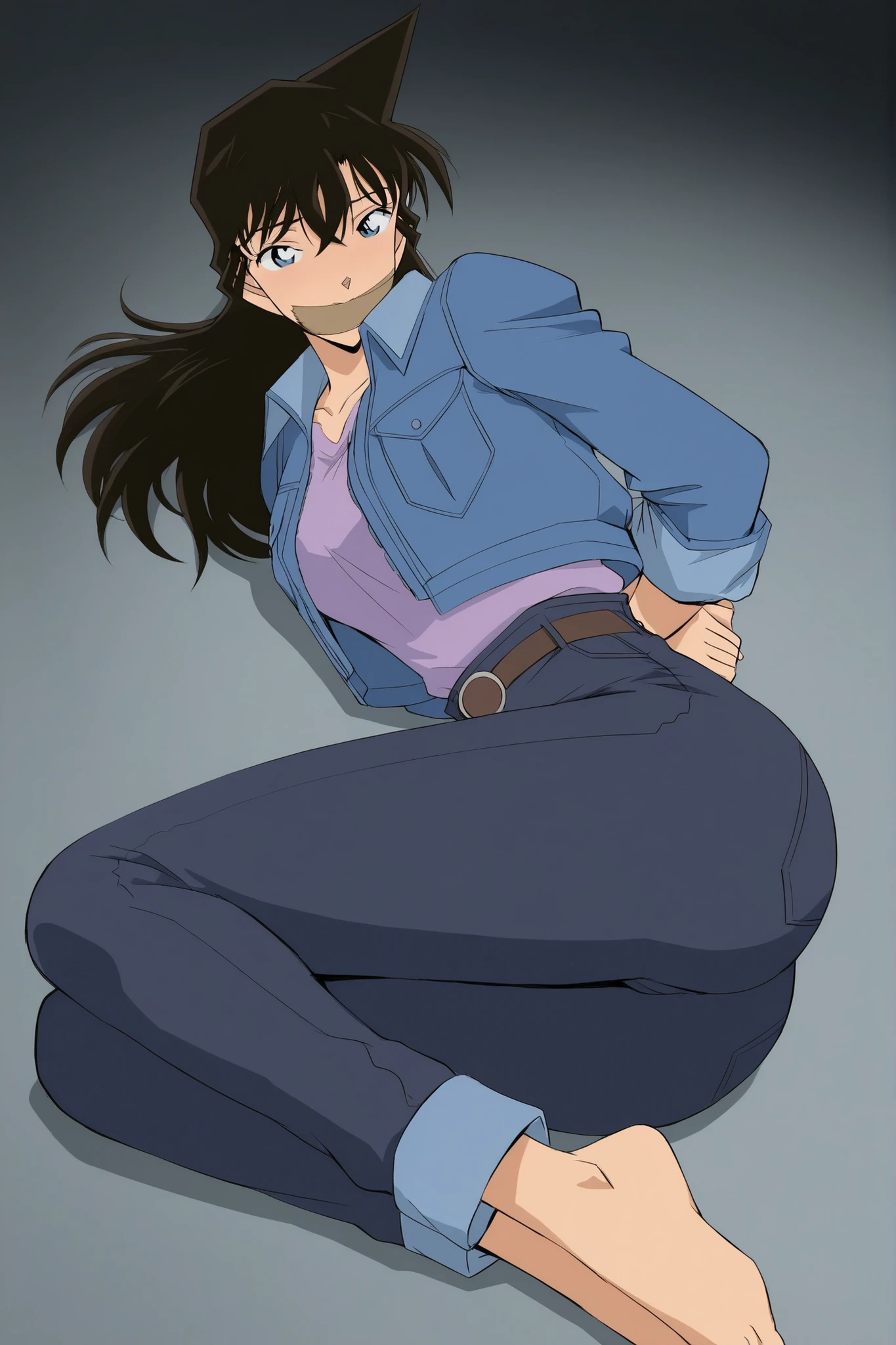 sexy curvy body, masterpiece, 16K resolution, perfect anatomy, seductive pose, erotic, attention to detail, ,, ,masterpiece,best quality,Ran mouri, 1girl, solo, long hair Brown hair, blue eyes, gagged cloth, tape gagged, blue pants, blue open jack, purple shirt under jacket, t ,Ran mouri,1girl,solo,blue denim jacket with rolled-up sleeves over a light purple collared shirt,dark pants with a brown belt, gagged,tied up,damsel ،Her hands are tied behind her back,Her feet are tied، ,,,,lying on her stomach ,,, from Back, Close to her butt