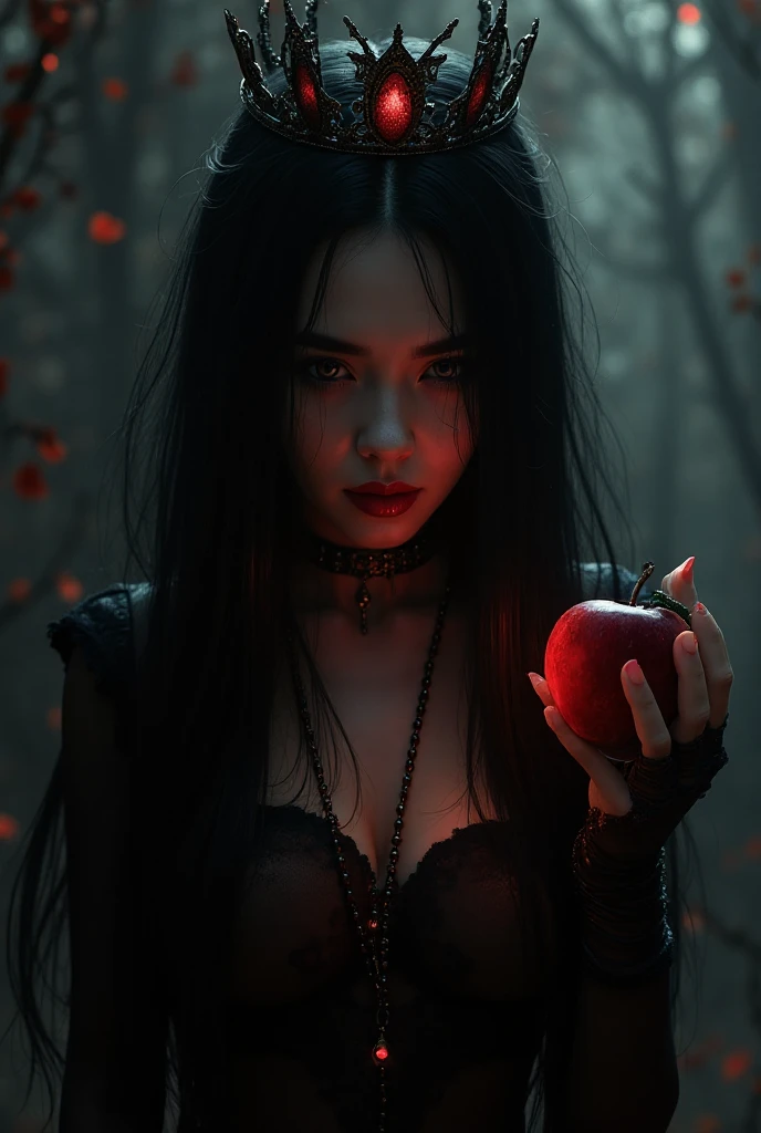 ((RAW Photo), absurd, (absurdresolution)), masterpiece, best quality, (Extremely detailed 8k unity CG wallpaper), (best illustration), (best shadow), Realistic lighting, beautiful detailed glow, ((21 years old)), girl, long black hair, black queen, accessories, apple in hand, poisoned apples, witch queen, red lipstick, (((Photographic Perspective of her)))