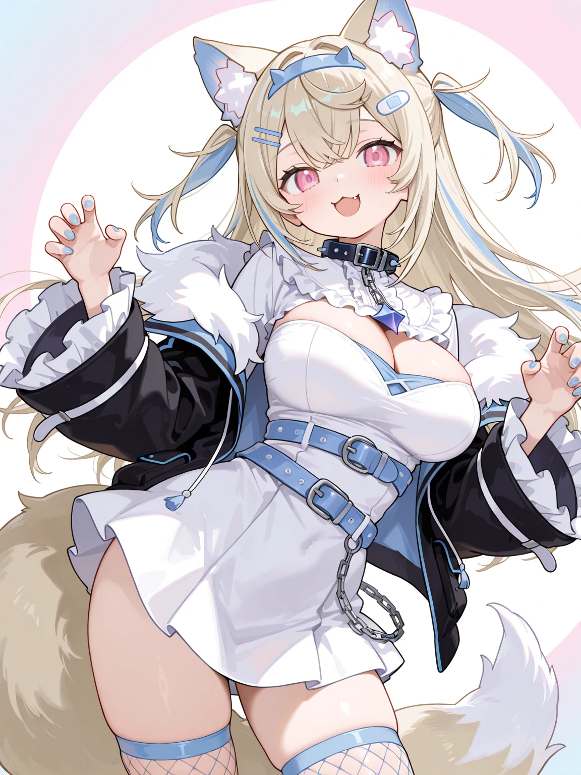 ((Furry ear:1.3)),((Little:2.5)),(White dress and frills:1.5),((very large bust size:1.8)),(Fluffy tail:1.5),(Skirt unfolds:1.5),(Pop Art:1.8),(Chubby:1.5),((looking at the camera:1.5)),(Furry foot:1.5),(Sparkling deep blue big eyes:1.7),(Round eyebrows:1.5),(Fisheye Lens:1.5),(Laughing with your mouth open:1.5),((on a hill overlooking the lake:1.5)),(Wolf's tail),((Long Hair:1.7)),Furry,(Large black ribbon:1.5),(????????????? taken off:1.5),(Highest quality,4K,8K,High resolution,masterpiece:1.2), Very detailed, (Realistic,Realistic,Realistic:1.37), High resolution, 超High resolution, studio lightning, ultra-fine goodinting, Sharp focus, Physically based rendering, extrine detail description, Professional, Bright colors, Bokeh, (in) you bring, landscape, photograph, Concept Artist (style), (and) vibrant color goodlette, (good) soft lighting. jewelry，(露出した胸and??:2.5)，(男性and???をする:2.5)