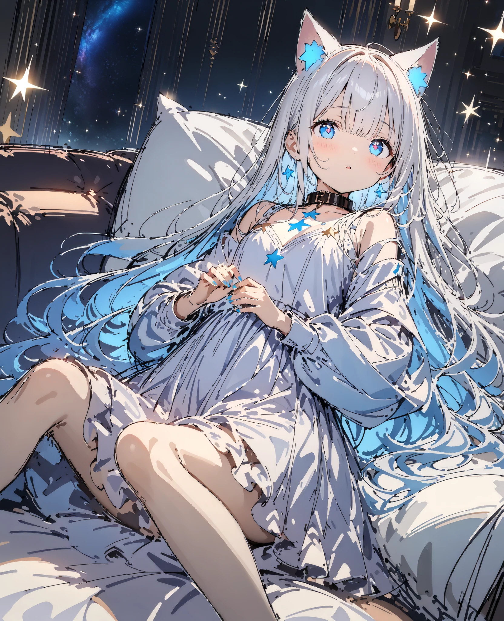 a fantastic, transcendental, beautiful petite girl,
cat ears, pet-like cuteness, collar.((((sketch))))
lying on her back, gentle fetal position, curled body,
adorably posed legs and soft toes,
(((((masterpiece)))))、((best quality))、megami magazine style、luxury indoor sketch style,
soft light, flowing particles, sparkling starlight,
she looks slightly upward with large, luminous blue eyes,
heart-shaped pupils (cute expression only),
short white hair with a faint blue glow,
wind effect that sways her soft hair,
blue and silver harmony, divine and magical atmosphere,
a band of light like a galaxy behind her,
flowing grains of light all around,
her fingertips catch tiny starlight particles,
transparent crystal-colored nails,
the ring of light surrounding her,
her dress is pure white and light blue, slightly translucent but non-sexual,
star embroidery on chest and sleeves,
the fabric shines as if absorbing light,
blue magic light oozing softly through the cloth,
luxurious fantasy indoor background, gentle warm atmosphere,
cushion, couch or soft bed-like space,
she looks like a small heavenly pet resting peacefully,
sparkling particles drifting in the air,
soft steam-like glow,
cinematic lighting,
ultra beautiful girl, divine, magical, honest and fantastic space,
focus on her big eyes, delicate hands, and adorable curled posture.
