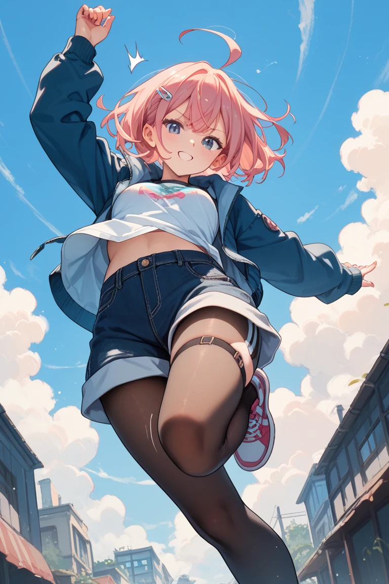 (masterpiece, best quality:1.5), (ultra detailed, high resolution, 8k, beautiful detailed, UHD, best ), 1 cute girl, pink hair, medium breasts, sleeves past fingers, sweatshirt, Flared skirt, boots, dazed look