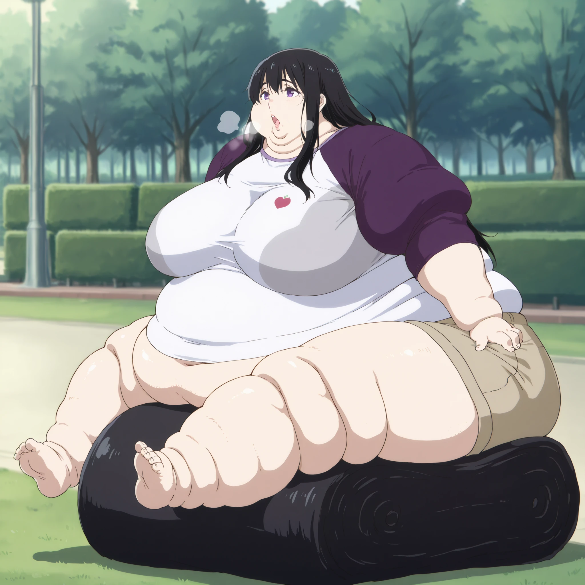 Naoka Ueno (character), Naoka (older appearance), long hair, 1girl, solo, black hair, long hair, shorts, raglan sleeves, purple eyes,breasts, fat, chubby, obese, fat neck, multiple chins, big breasts open mouth, out of breath, Larger female, full body shot, only head, large head, oversized limbs, large hands, large feet, oversized feet, oversized fingers, big lips, plump lips, fat face, fupa, big fupa, fat fupa, sitting on bunch, Park 