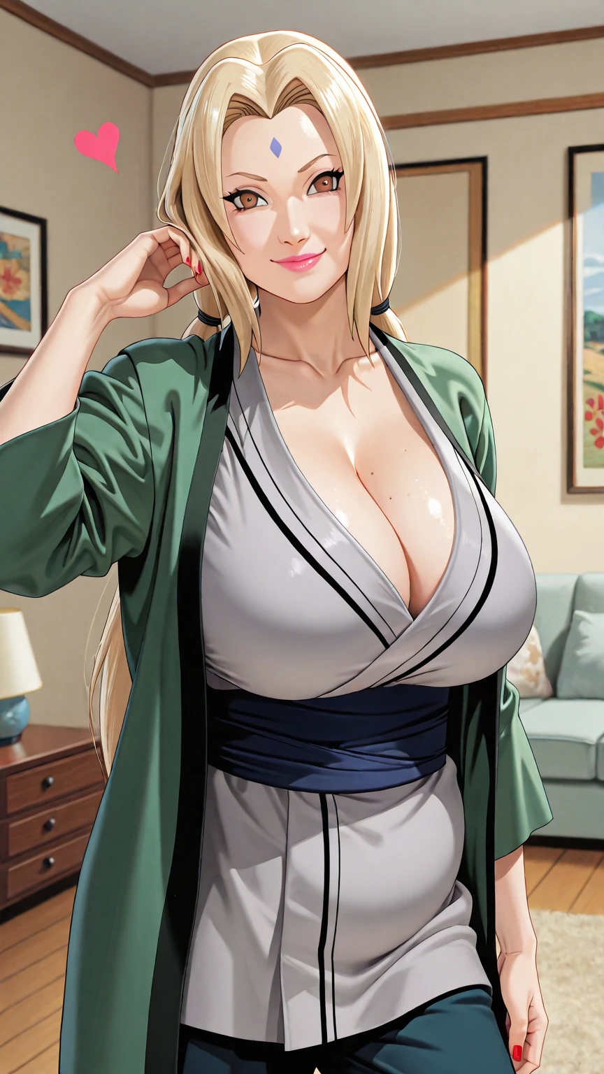 (huge ????), cleavage, good ???????, masterpiece, best quality, 4k, 8k, professional photography, soft light, sharp focus, 1 girl,  blonde hair, kimono, (mountai), clouds, blonde hair, parted banks, detailed face+brown eyes, smile, closed lips, lipstick, bookshelves, windows,realistic, Tsunade in anime (Naruto)